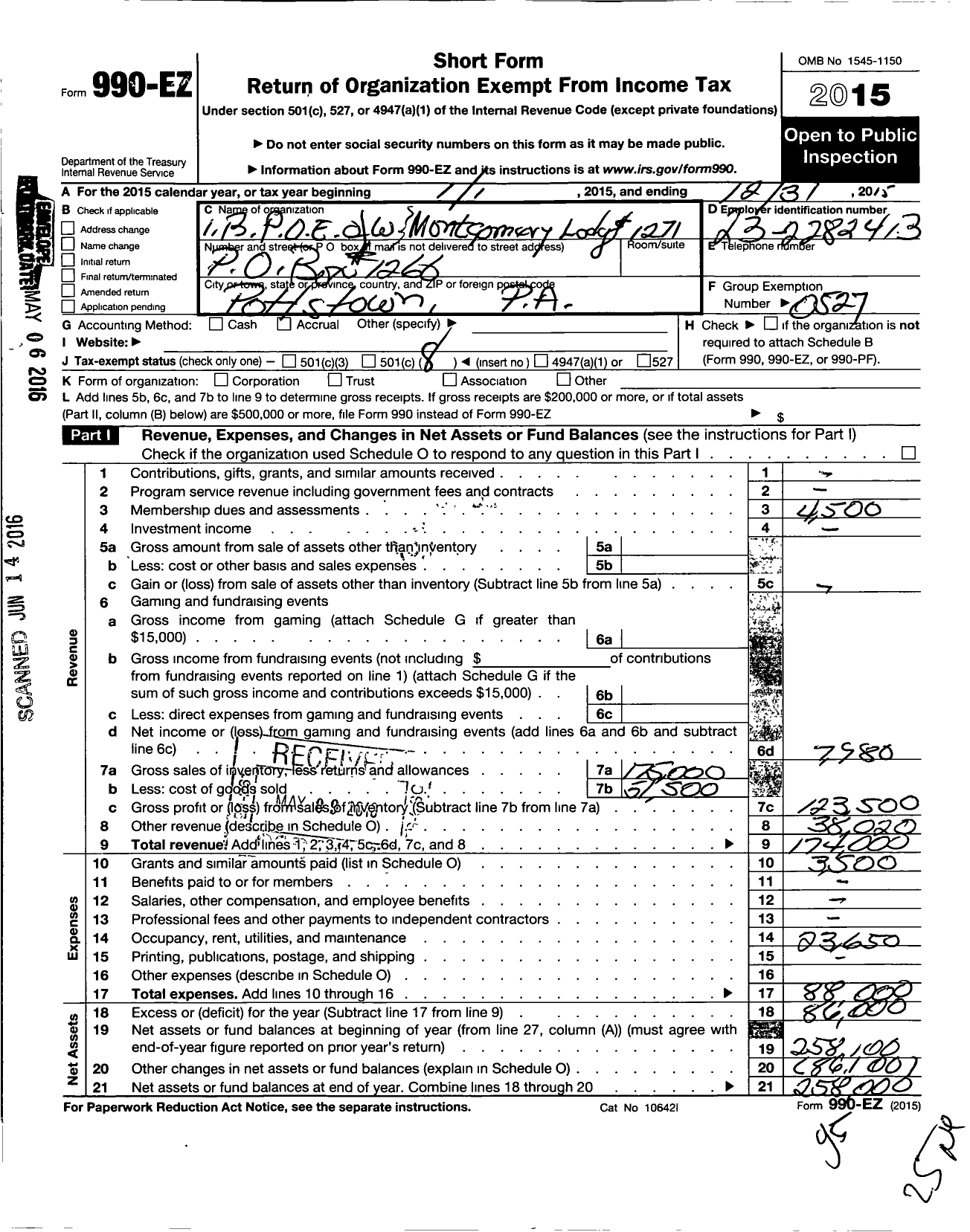 Image of first page of 2015 Form 990EO for Improved Benevolent and Protective Order of Elks of the World - 917 Mary Esther Temple