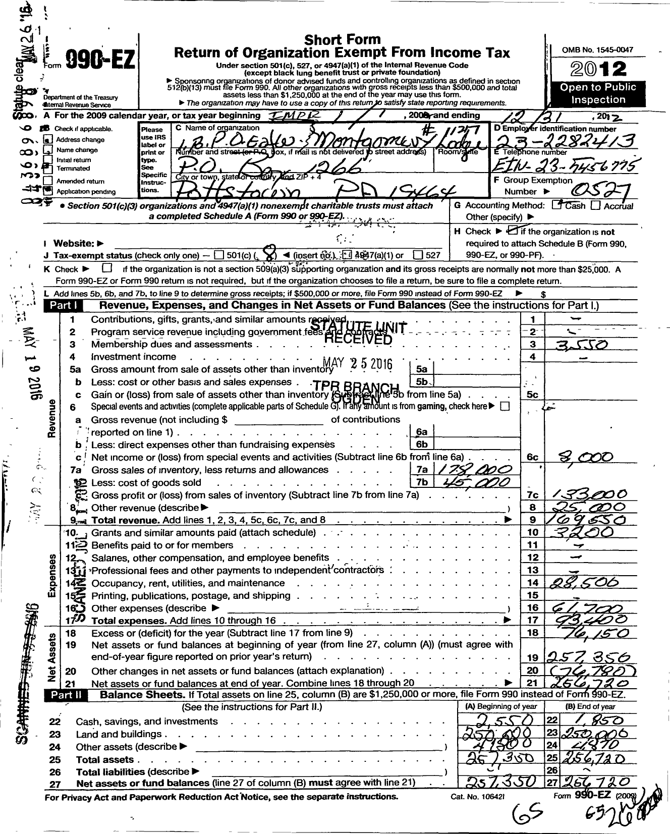 Image of first page of 2012 Form 990EO for Improved Benevolent and Protective Order of Elks of the World - 917 Mary Esther Temple