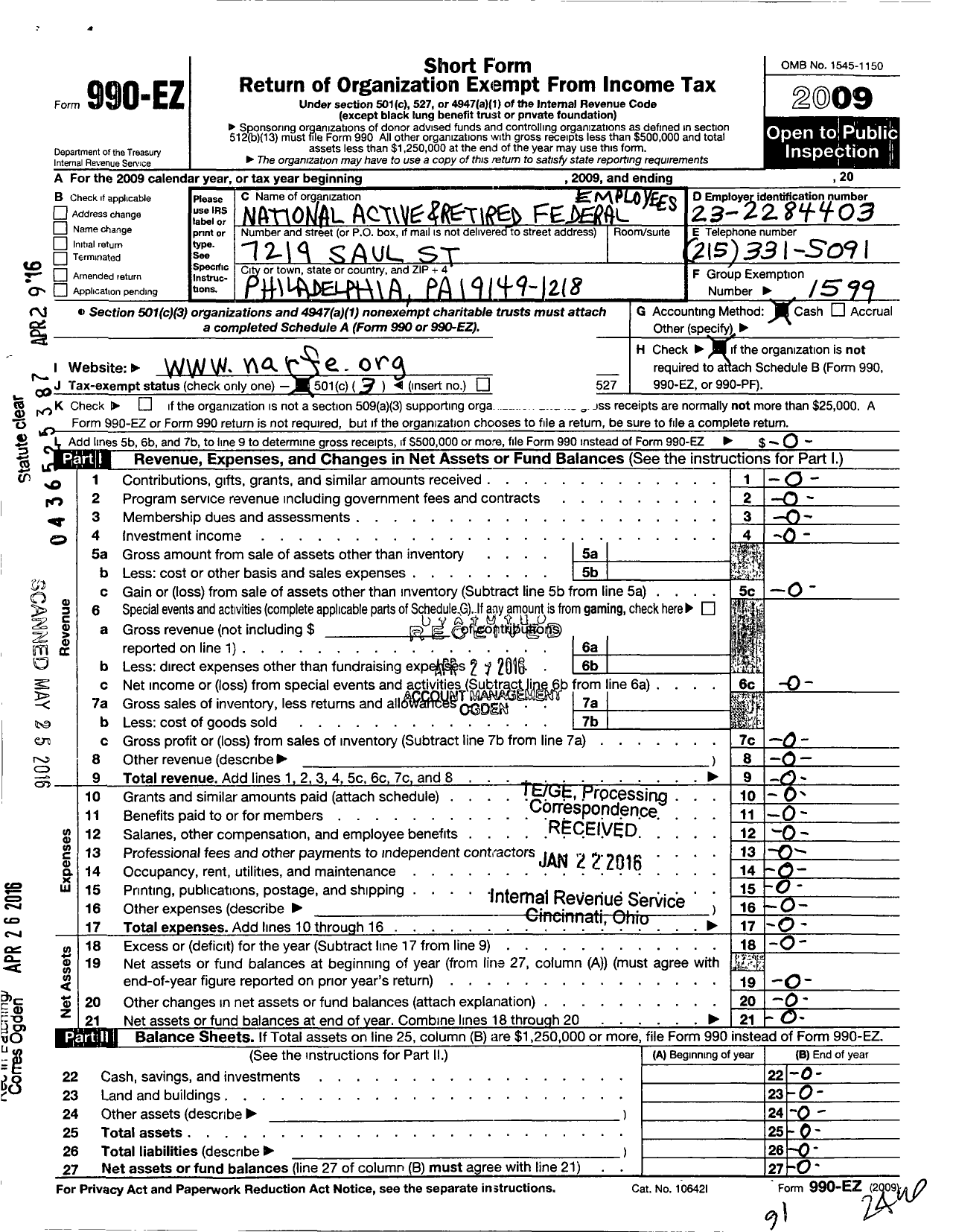 Image of first page of 2009 Form 990EZ for National Active and Retired Federal Employees