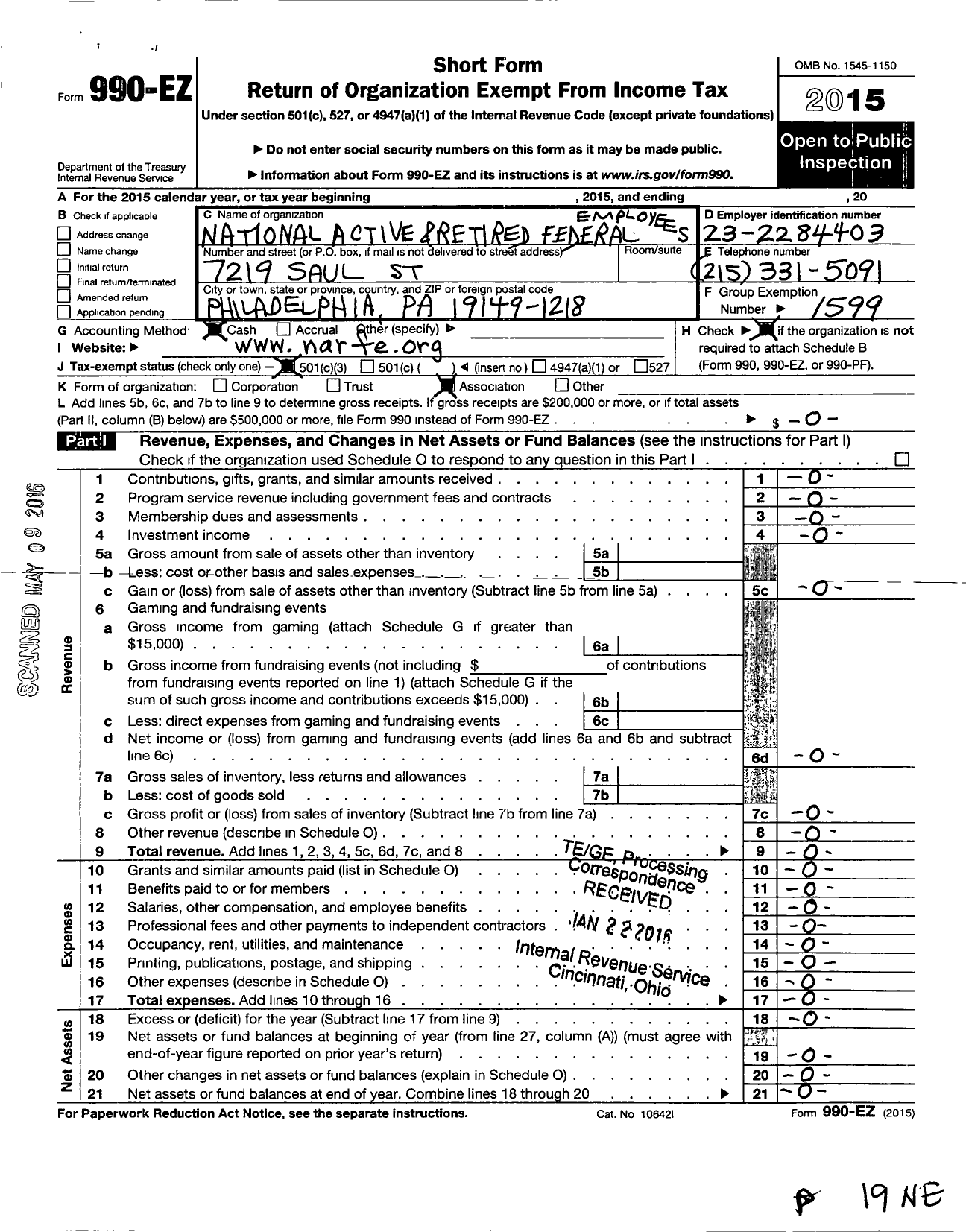 Image of first page of 2015 Form 990EZ for National Active and Retired Federal Employees