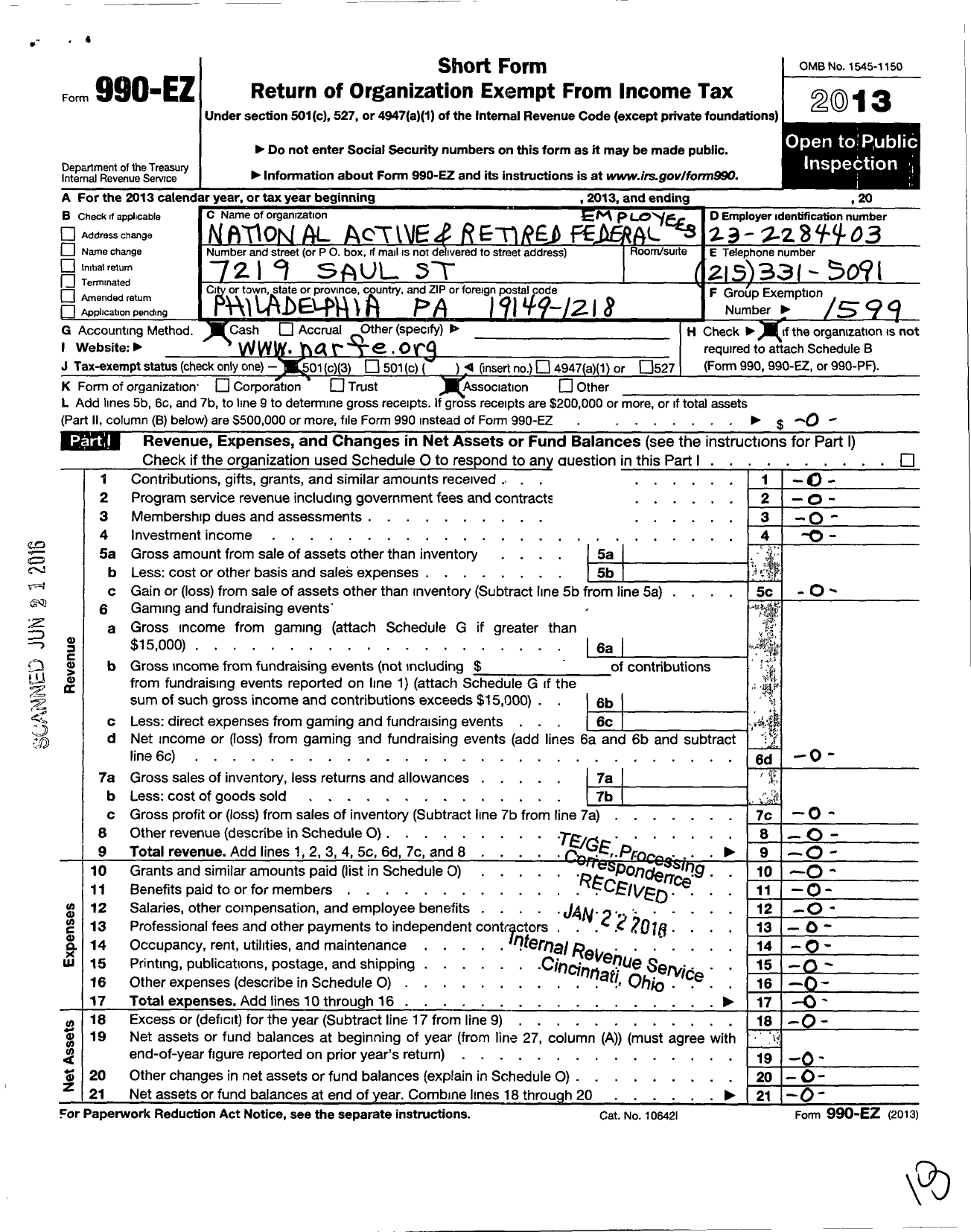 Image of first page of 2013 Form 990EZ for National Active and Retired Federal Employees