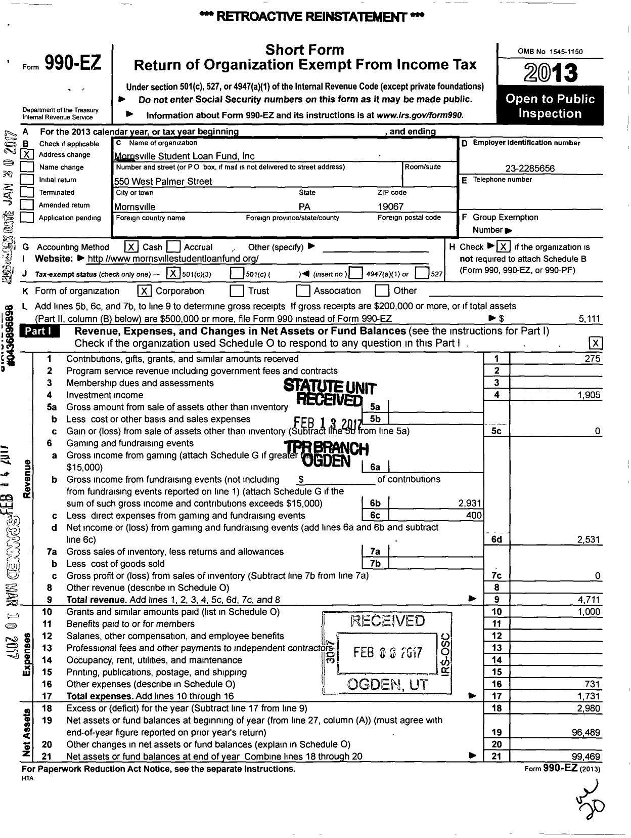 Image of first page of 2013 Form 990EZ for Morrisville Student Loan Fund