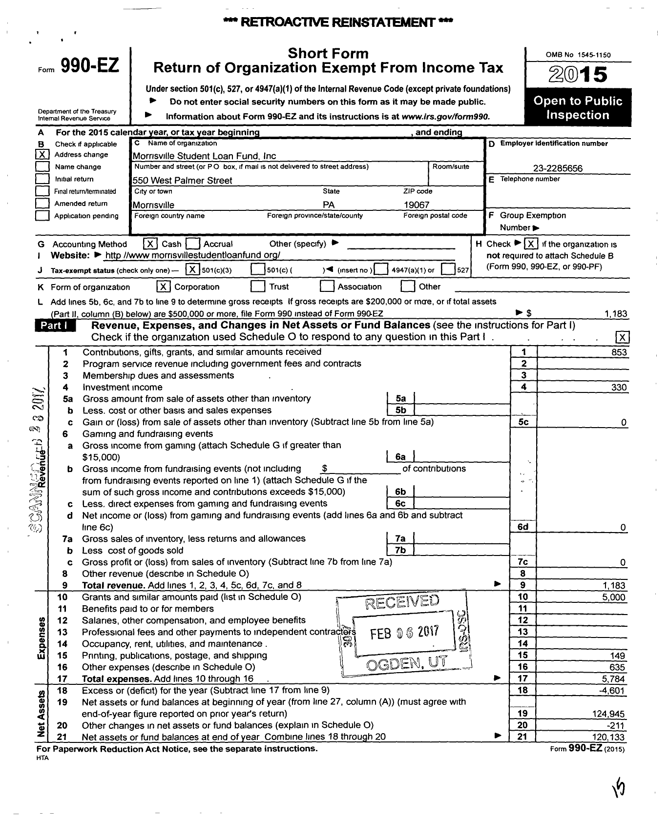 Image of first page of 2015 Form 990EZ for Morrisville Student Loan Fund