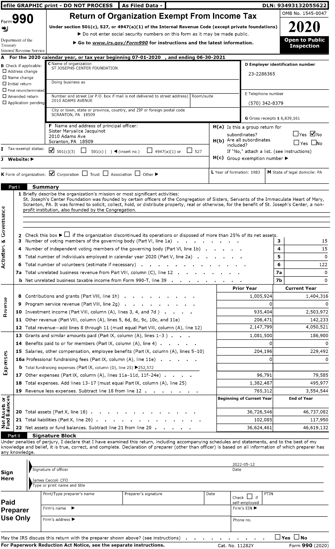 Image of first page of 2020 Form 990 for St Josephs Center Foundation