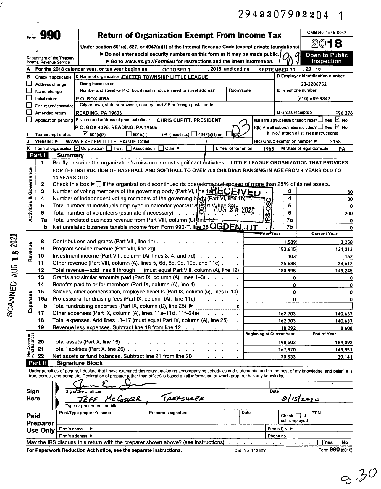 Image of first page of 2018 Form 990 for Little League Baseball - 2382314 Exeter Township LL