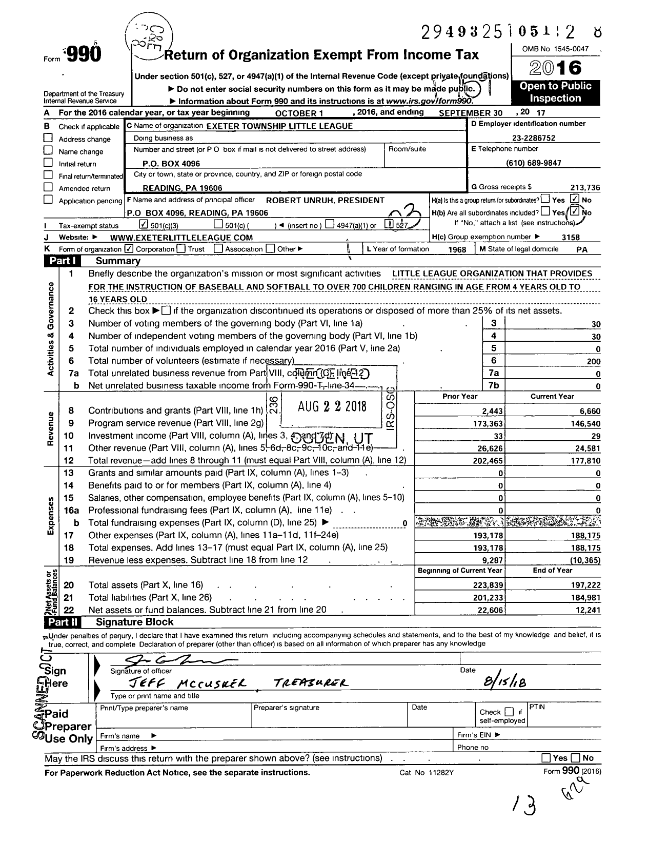 Image of first page of 2016 Form 990 for Little League Baseball - 2382314 Exeter Township LL
