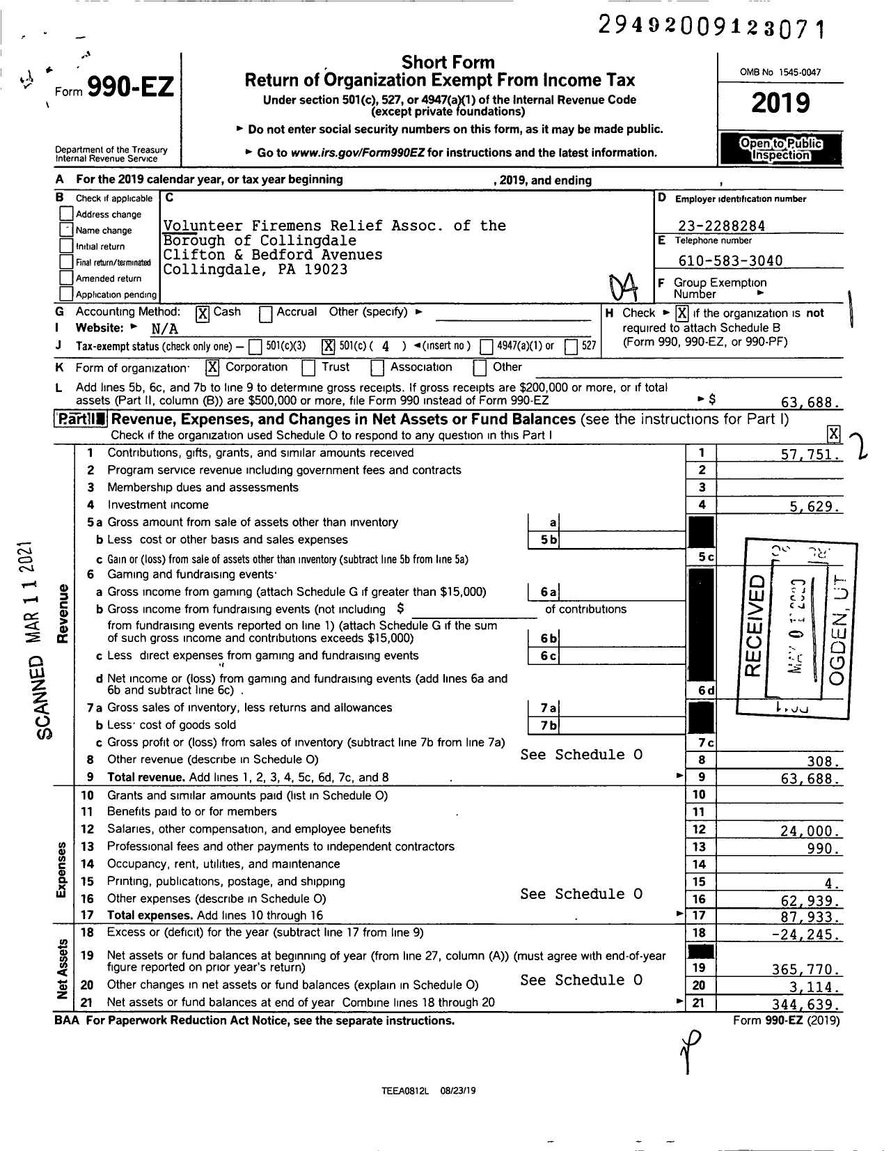 Image of first page of 2019 Form 990EO for Volunteer Firemens Relief Association of the Borough of