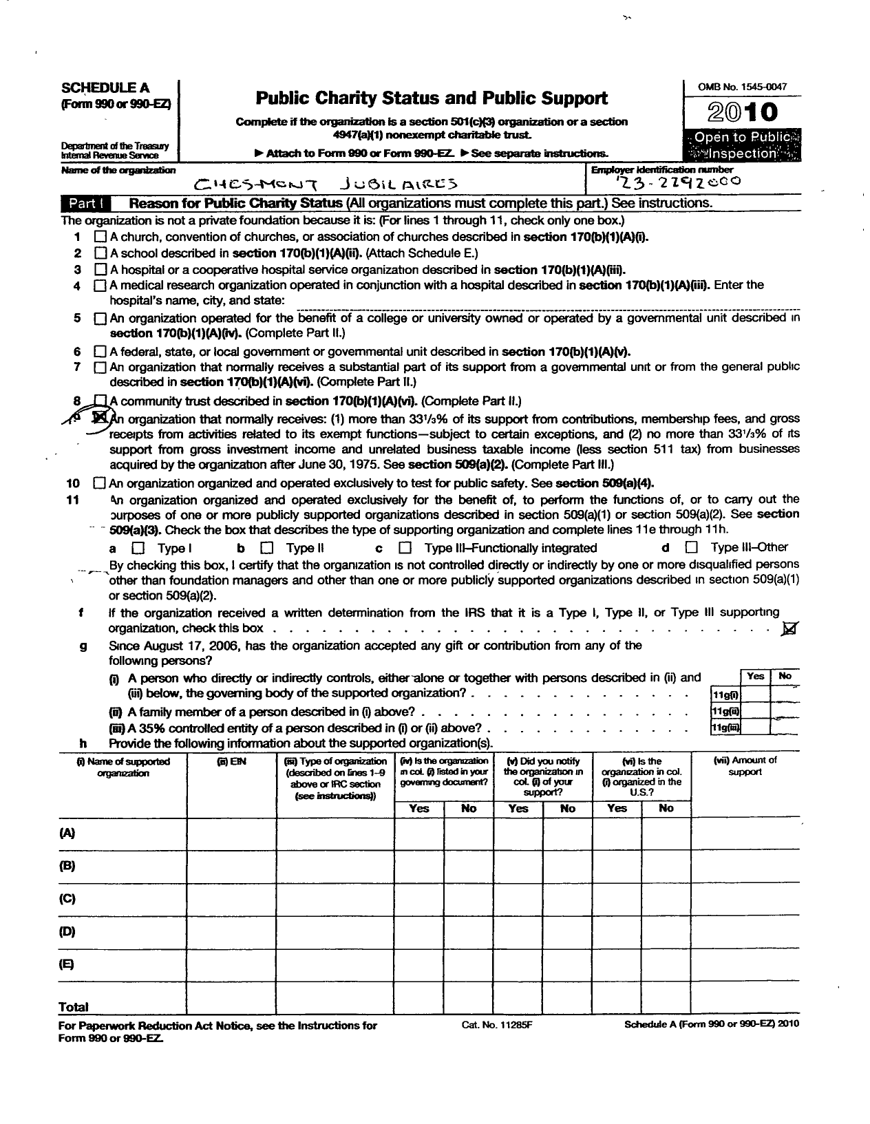 Image of first page of 2010 Form 990ER for Barbershop Harmony Society - J103 Pottstown