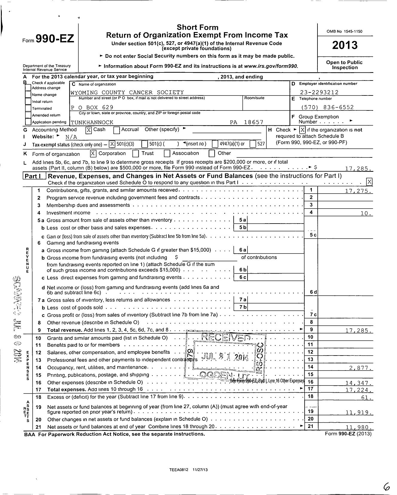 Image of first page of 2013 Form 990EZ for Wyoming County Cancer Society