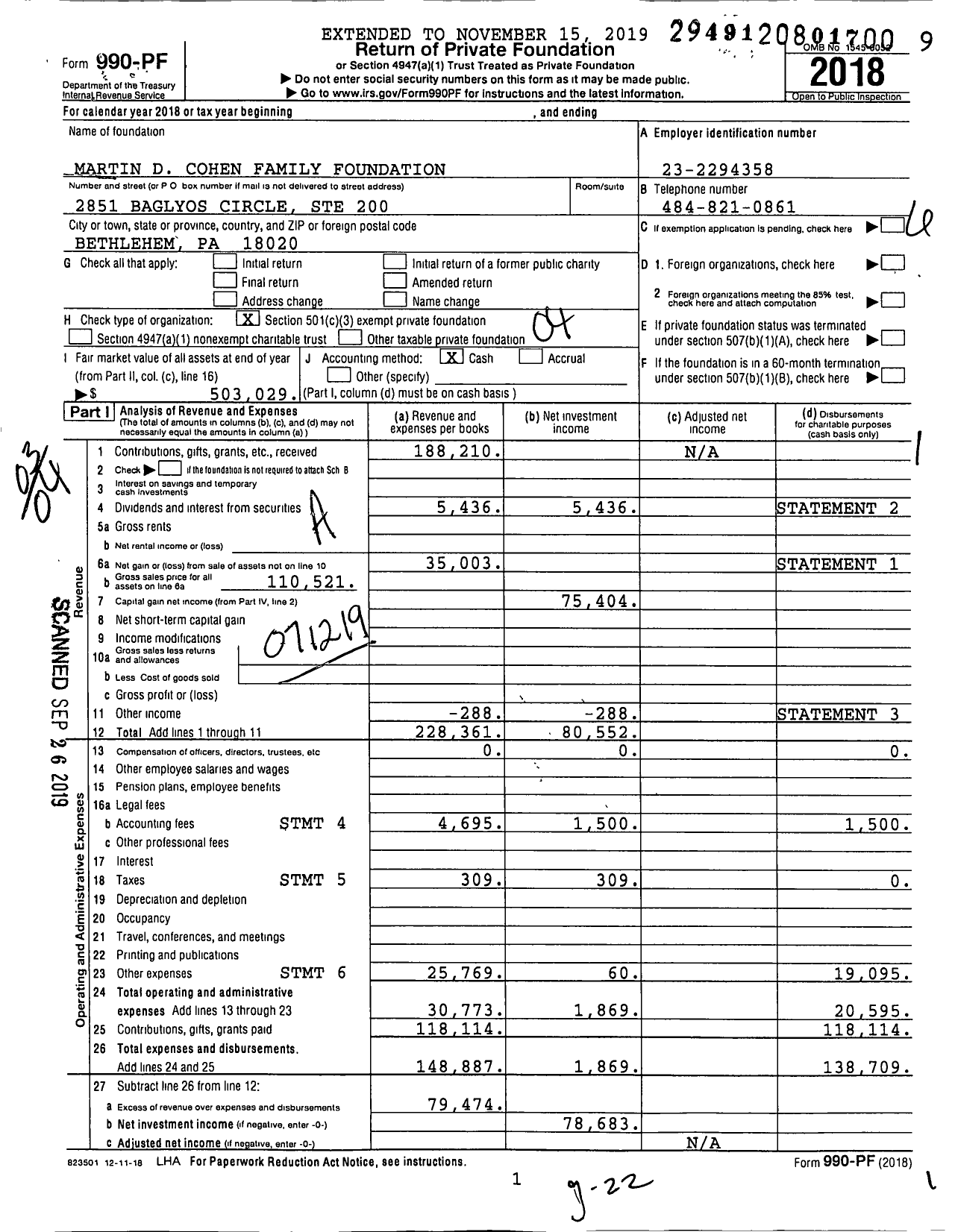 Image of first page of 2018 Form 990PF for Martin D Cohen Family Foundation