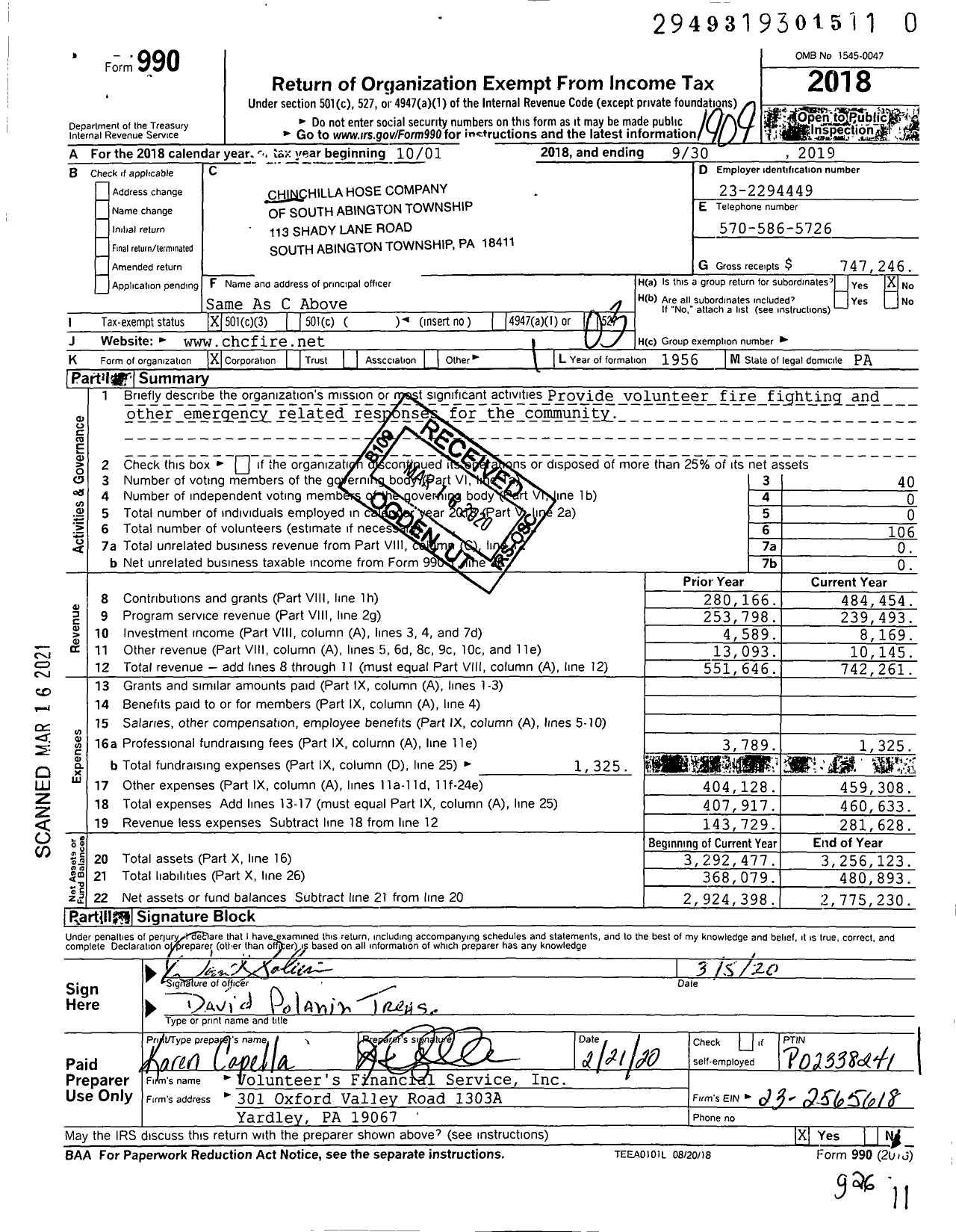 Image of first page of 2018 Form 990 for Chinchilla Hose Company of South Abington Township