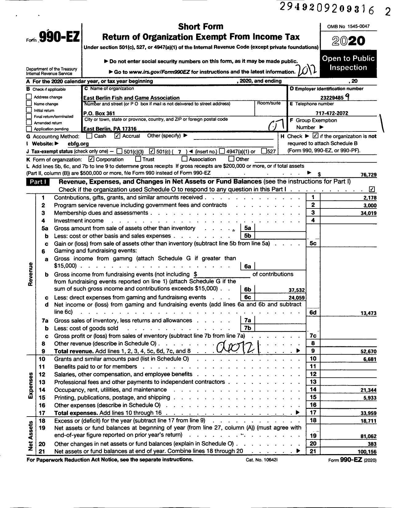 Image of first page of 2020 Form 990EO for East Berlin Fish and Game Association