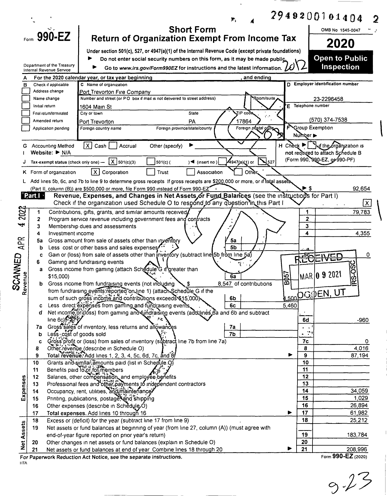 Image of first page of 2020 Form 990EZ for Port Trevorton Fire Company