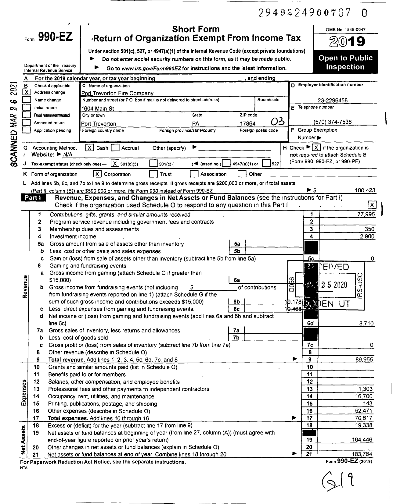 Image of first page of 2019 Form 990EZ for Port Trevorton Fire Company