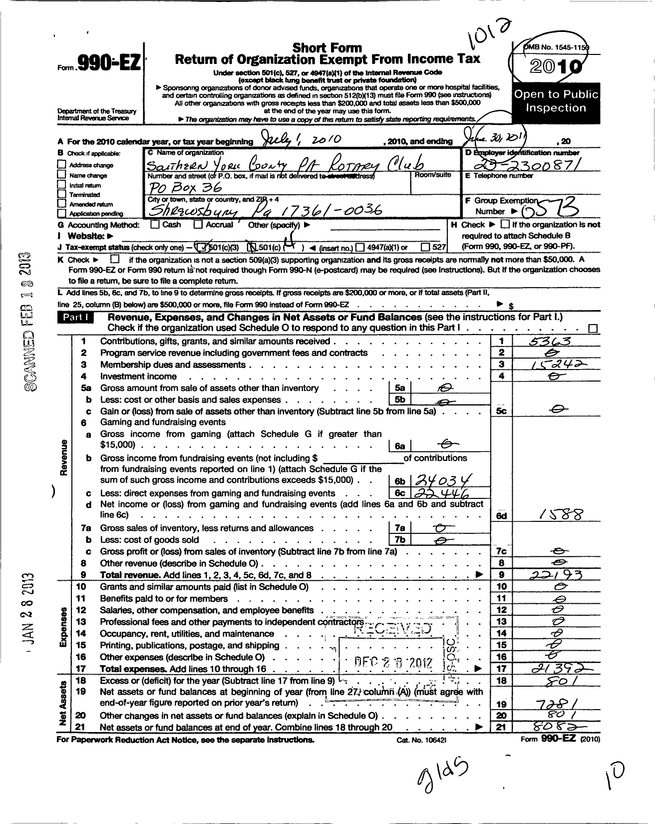 Image of first page of 2010 Form 990EO for Rotary International - Southern York County Pa Rotary Club