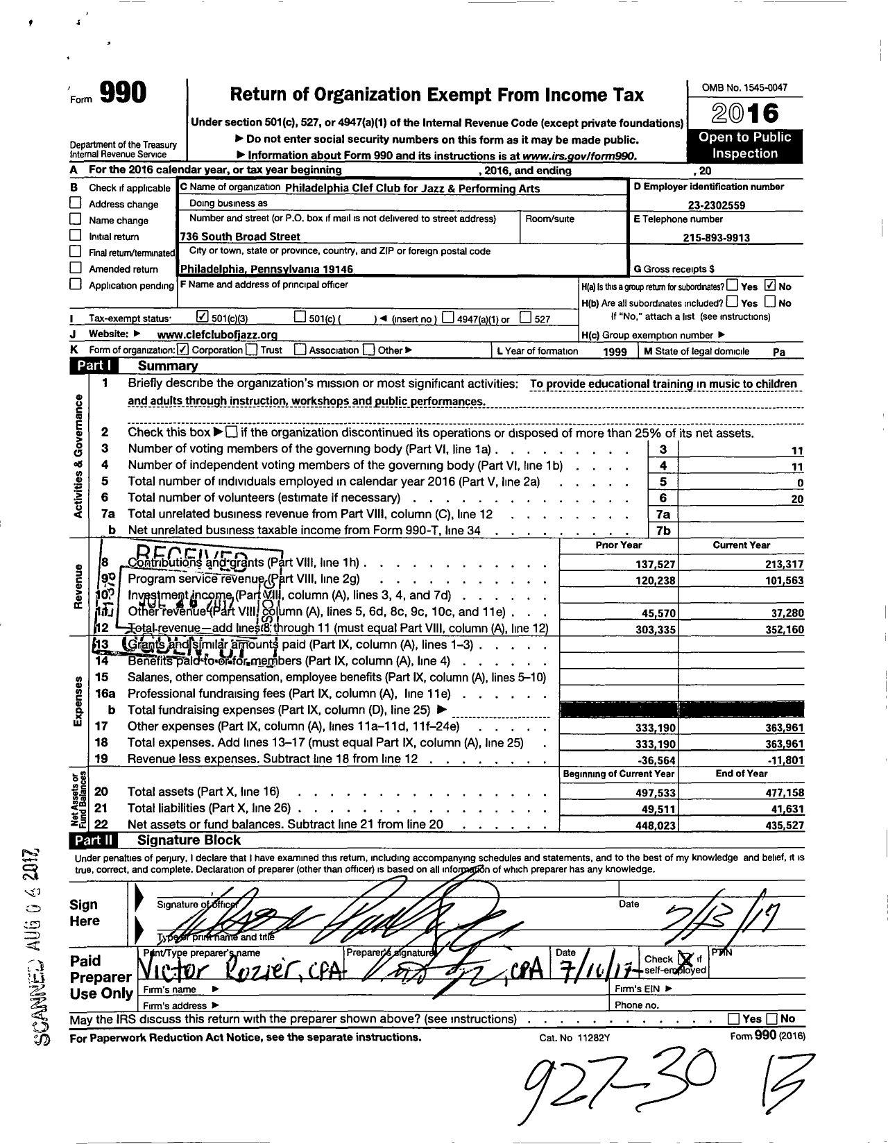 Image of first page of 2016 Form 990 for Philadelphia Clef Club for Jazz and Performing Arts