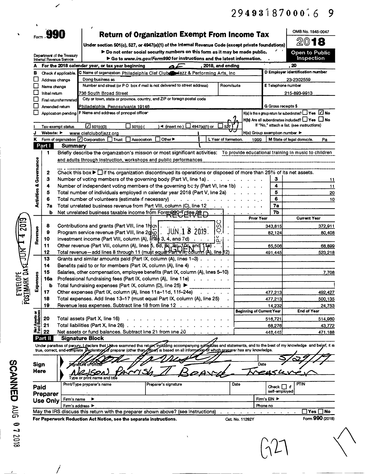 Image of first page of 2018 Form 990 for Philadelphia Clef Club for Jazz and Performing Arts