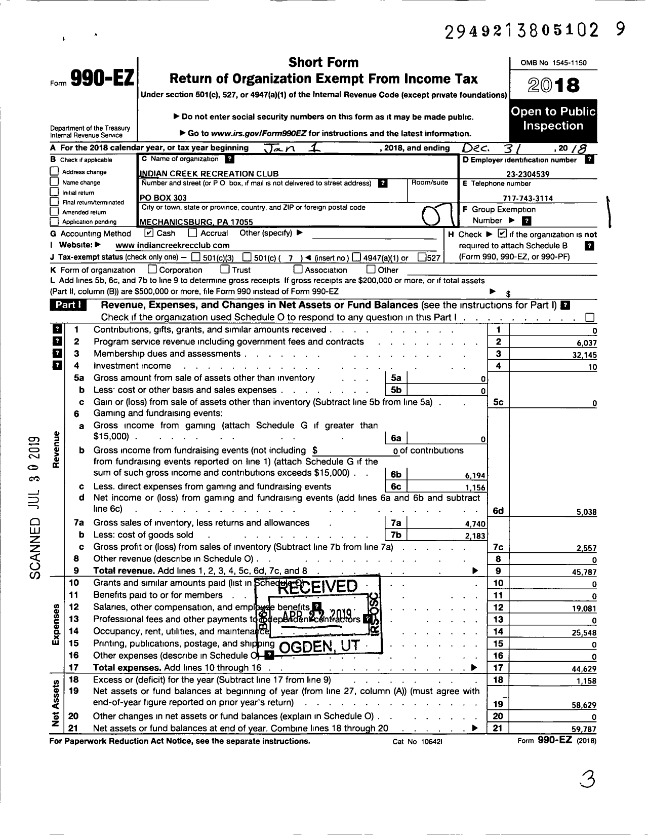 Image of first page of 2018 Form 990EO for Indian Creek Recreation Club