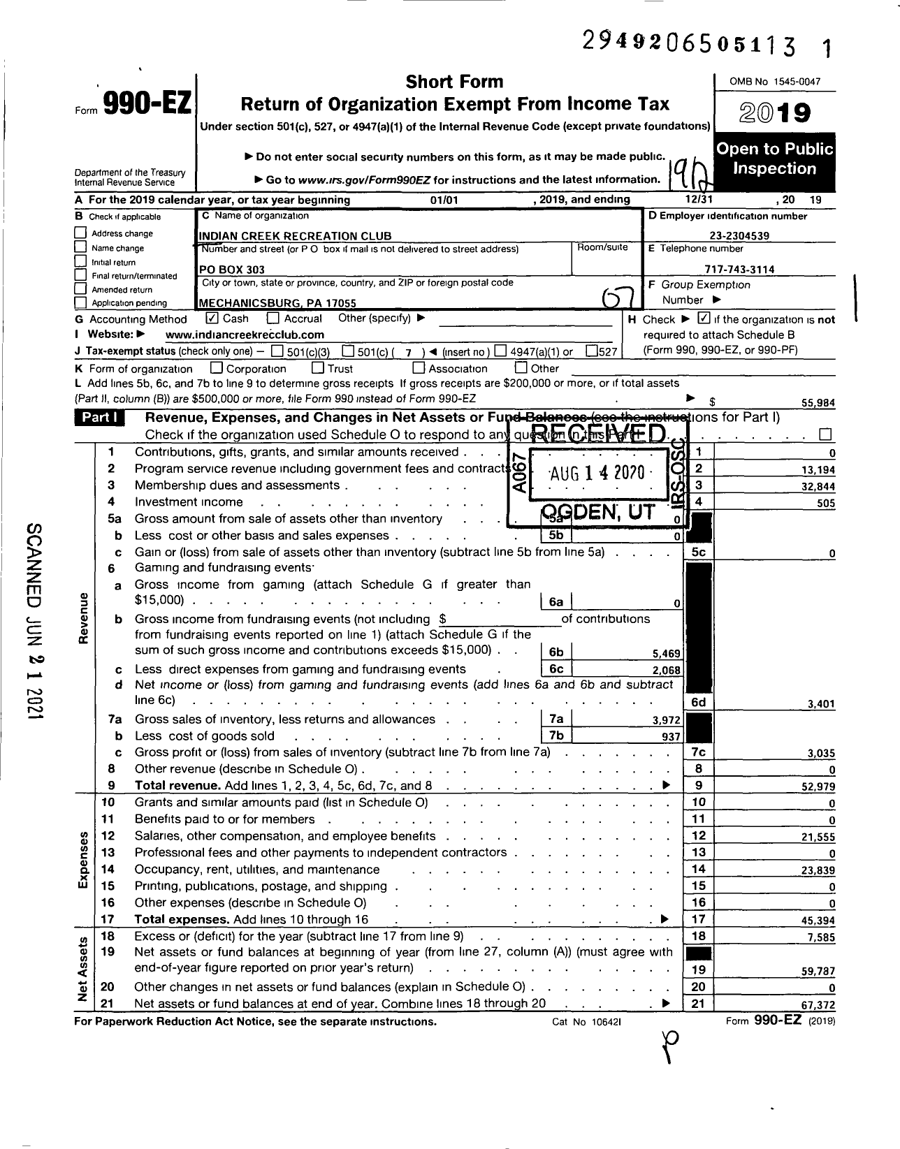 Image of first page of 2019 Form 990EO for Indian Creek Recreation Club