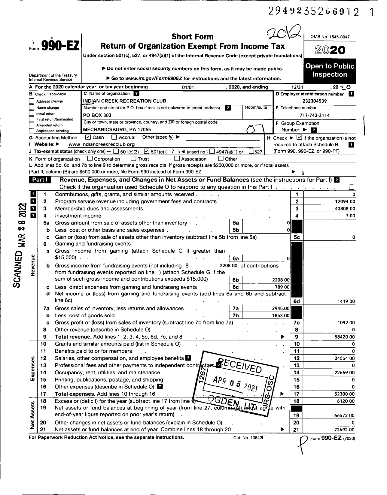 Image of first page of 2020 Form 990EO for Indian Creek Recreation Club