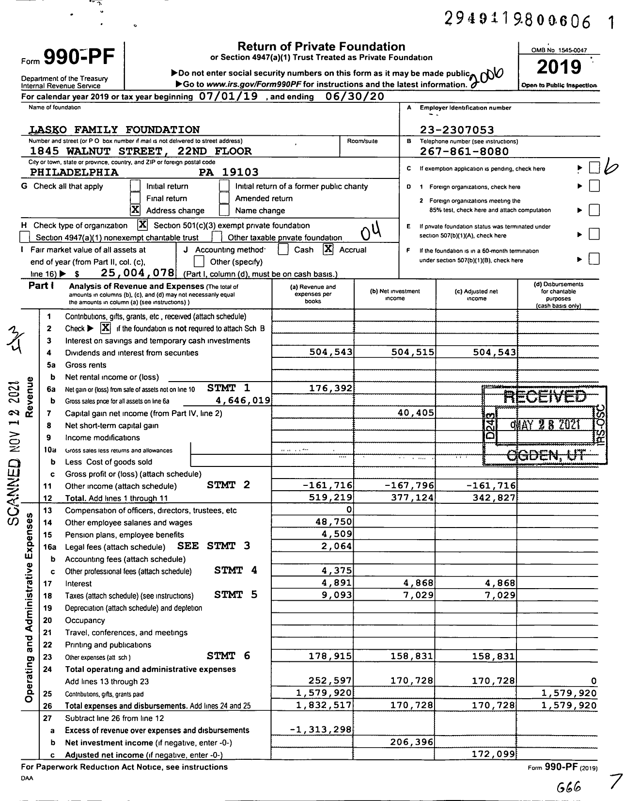 Image of first page of 2019 Form 990PF for Lasko Family Foundation