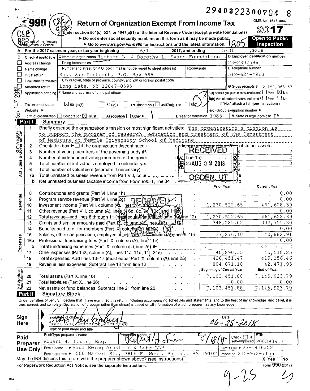 Image of first page of 2017 Form 990 for Richard L and Dorothy L Evans Foundation