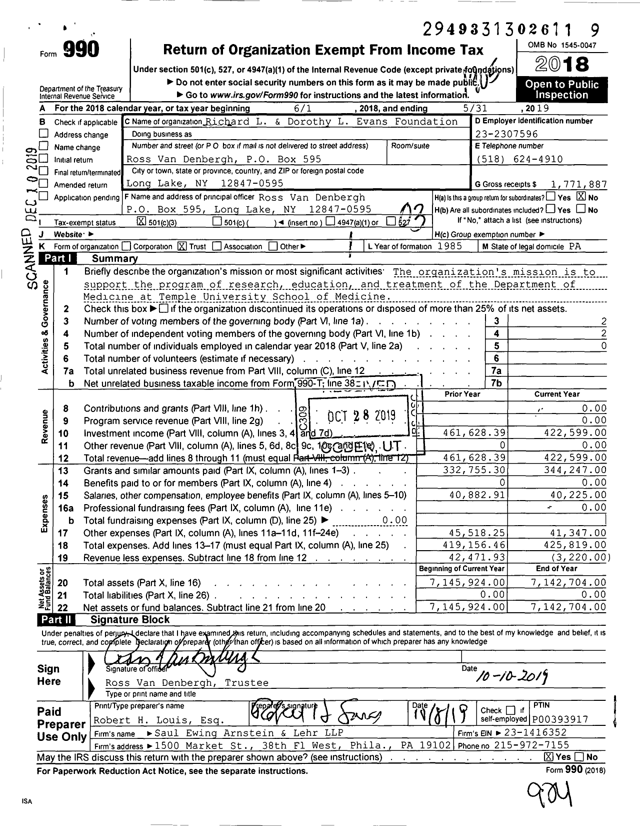Image of first page of 2018 Form 990 for Richard L and Dorothy L Evans Foundation