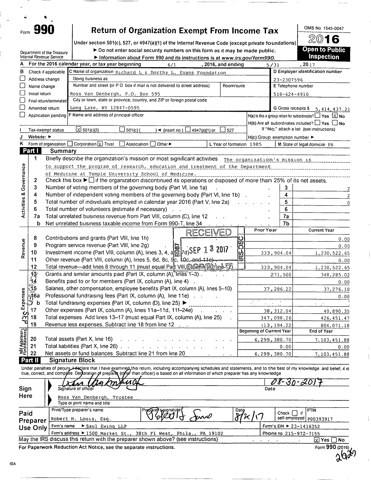 Image of first page of 2016 Form 990 for Richard L and Dorothy L Evans Foundation