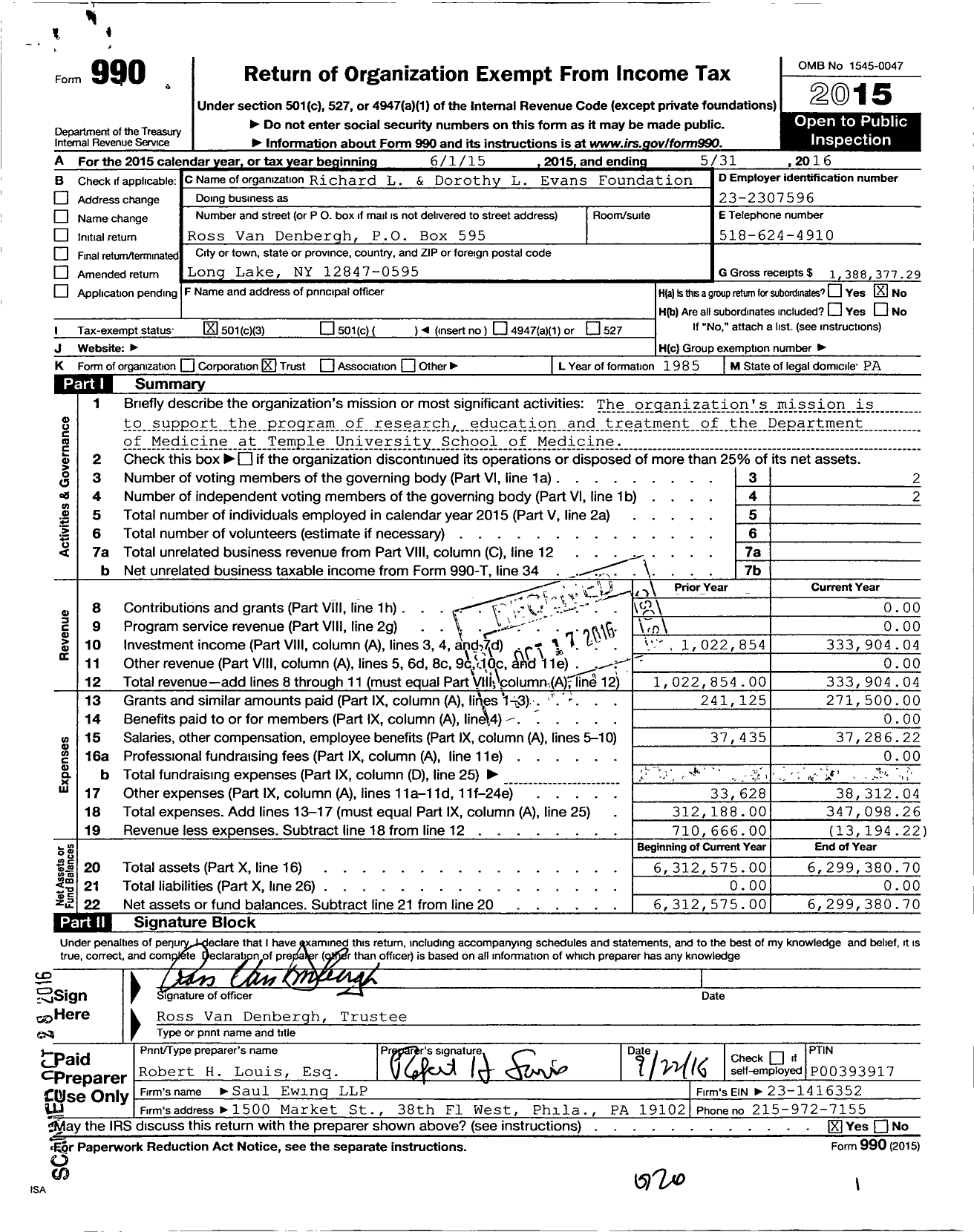 Image of first page of 2015 Form 990 for Richard L and Dorothy L Evans Foundation