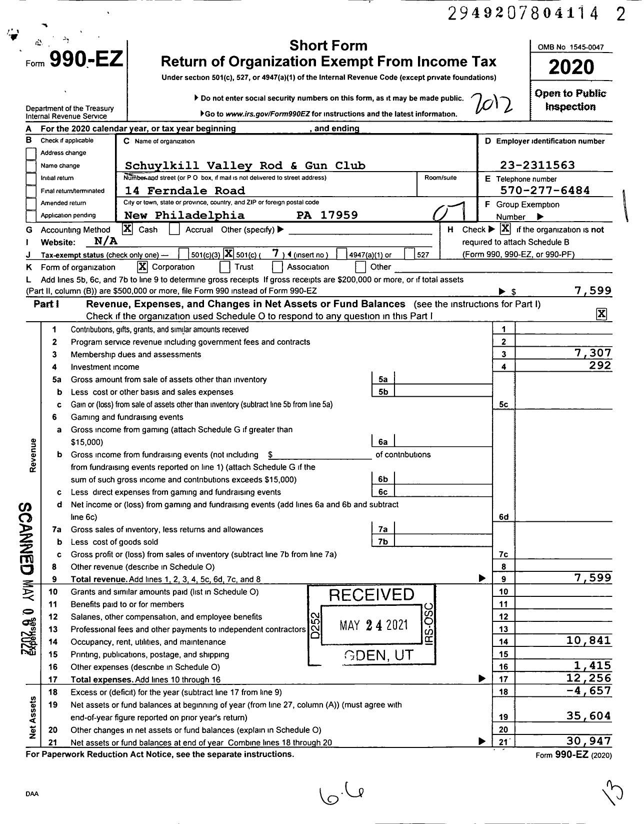 Image of first page of 2020 Form 990EO for Schuylkill Valley Rod and Gun Club