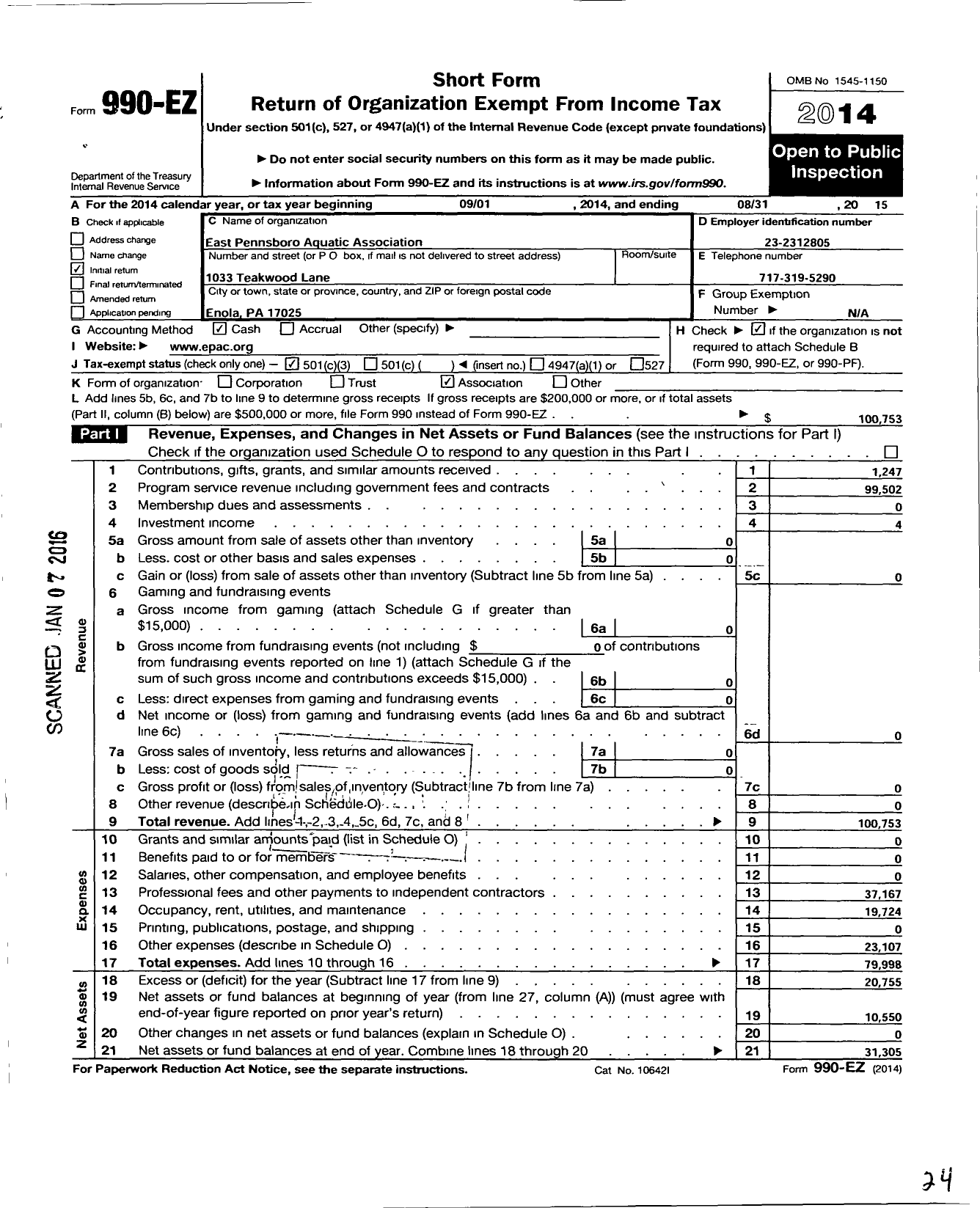 Image of first page of 2014 Form 990EZ for Elite Performance Aquatic Club