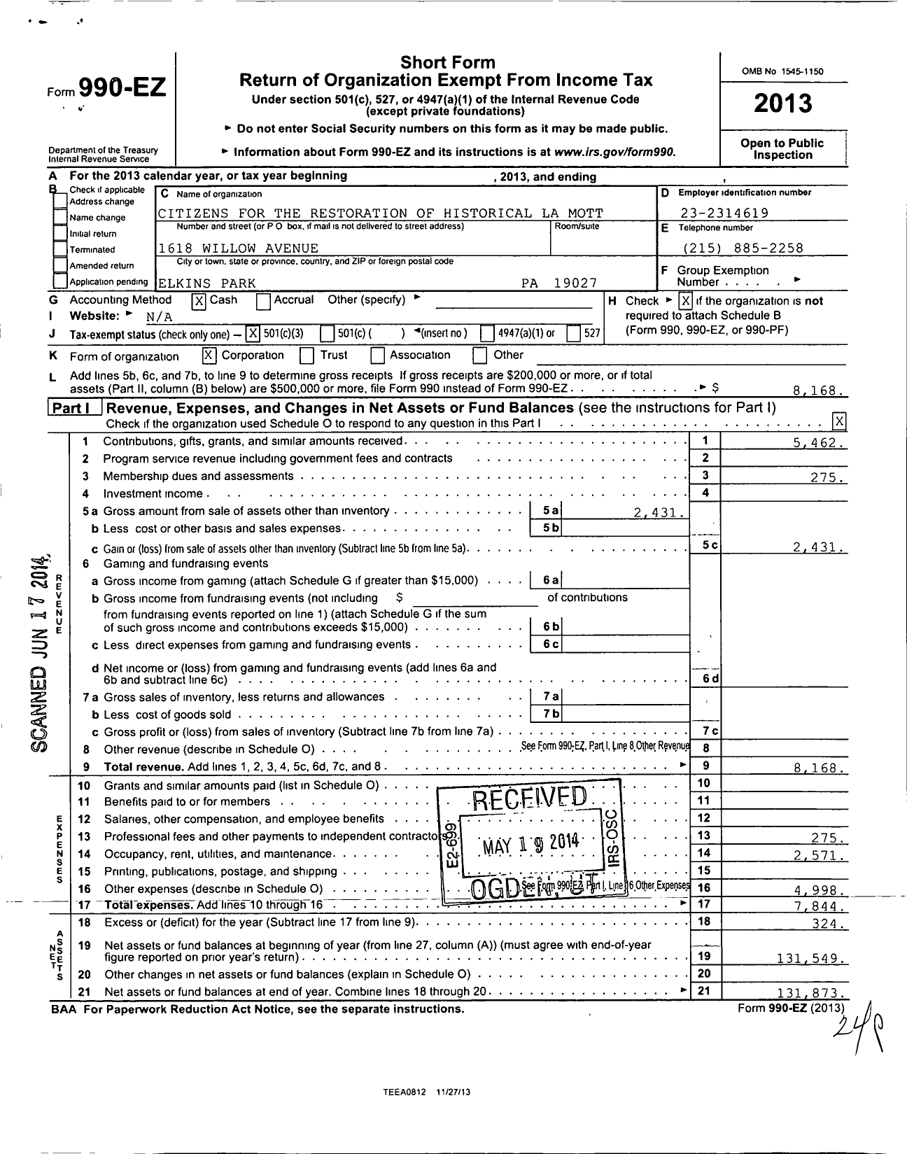 Image of first page of 2013 Form 990EZ for Citizens for the Restoration of Historical Lamott