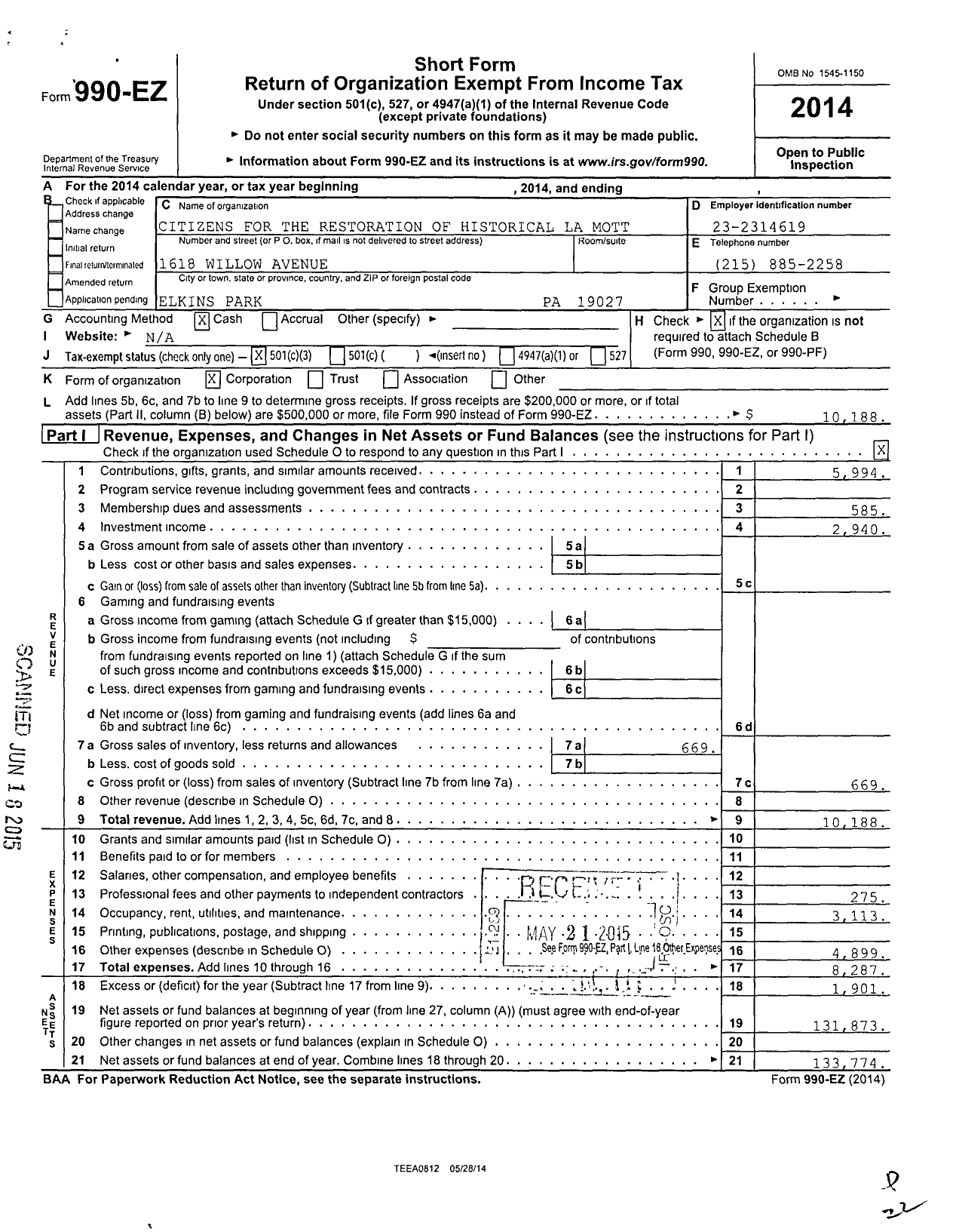 Image of first page of 2014 Form 990EZ for Citizens for the Restoration of Historical Lamott