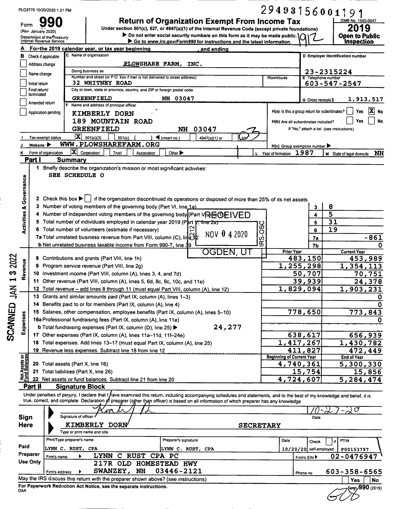 Image of first page of 2019 Form 990 for Plowshare Farm