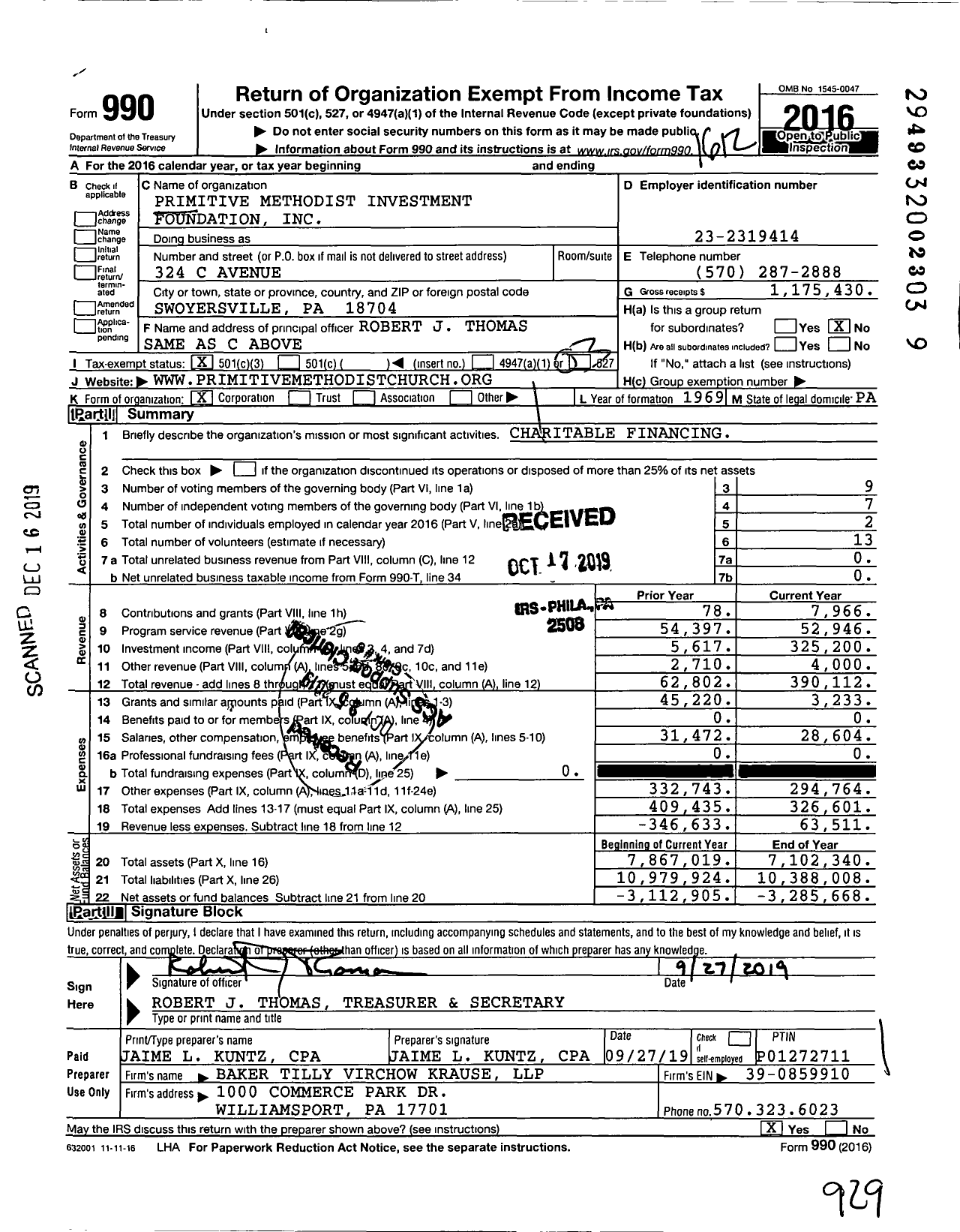 Image of first page of 2016 Form 990 for Primitive Methodist Investment Foundation