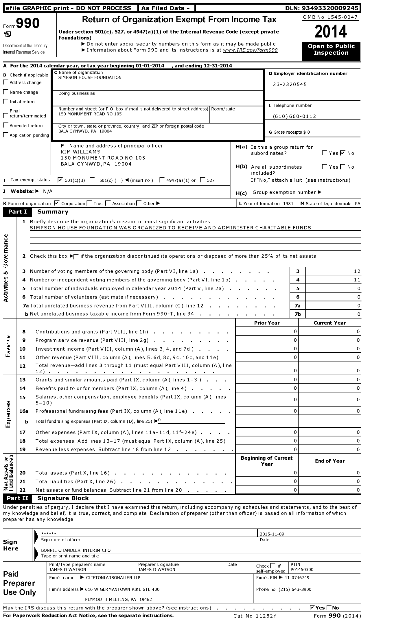 Image of first page of 2014 Form 990 for Simpson House Foundation