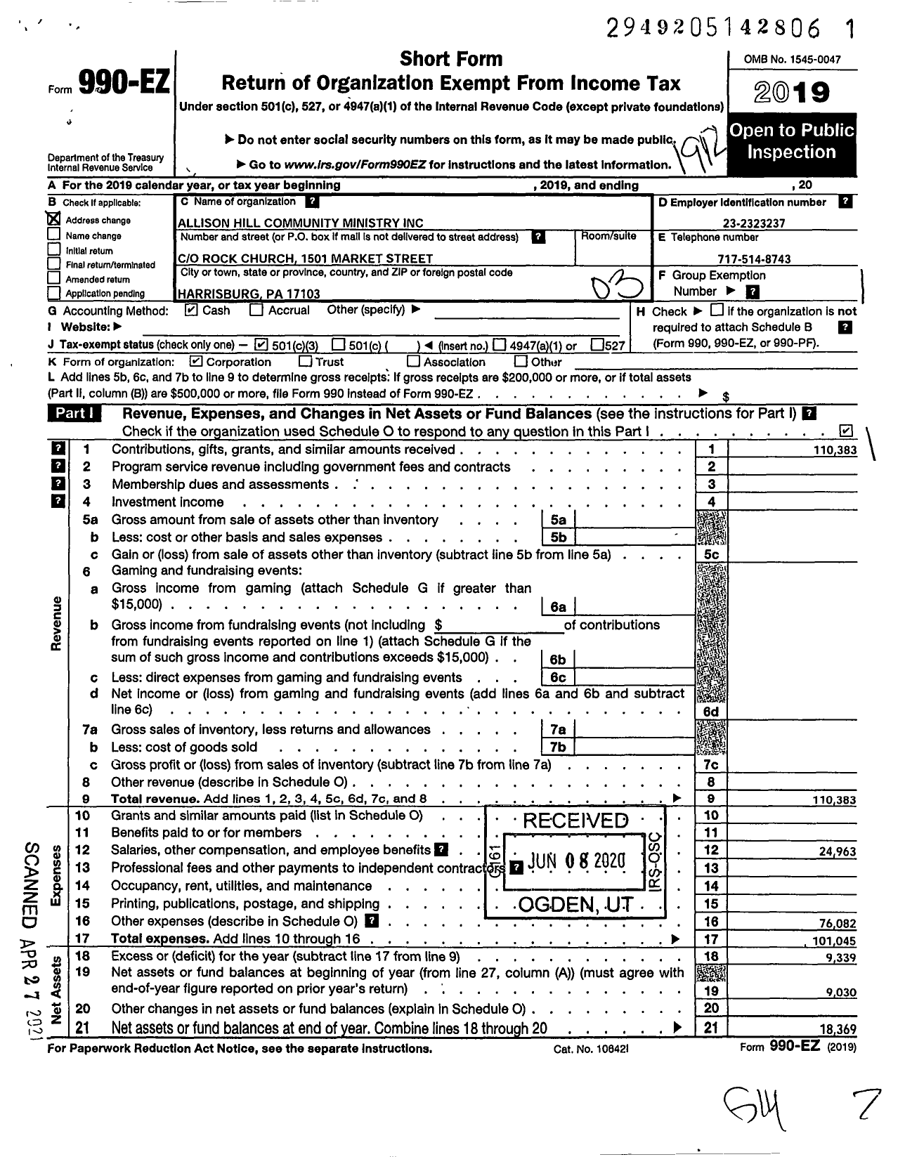 Image of first page of 2019 Form 990EZ for Allison Hill Community Ministry