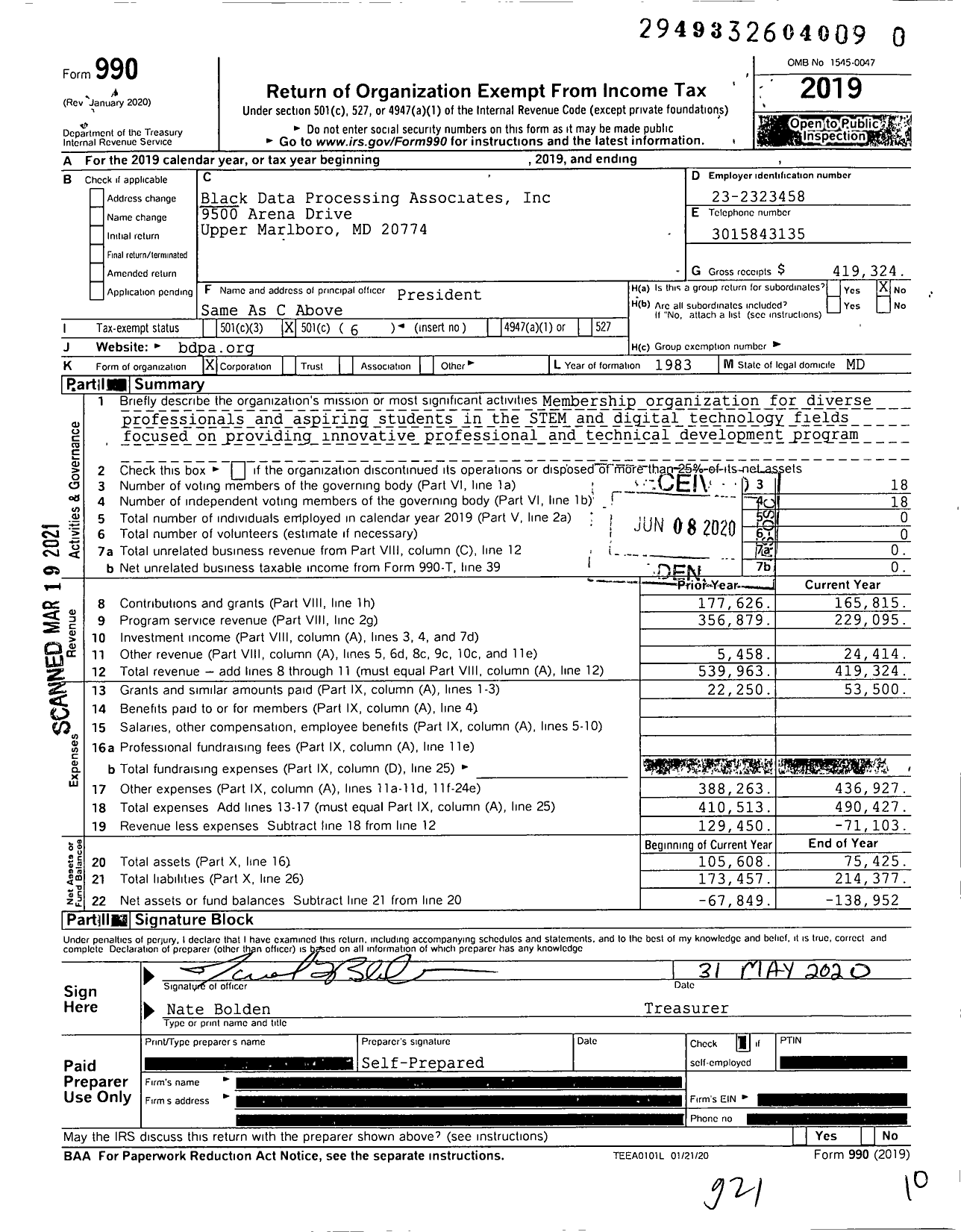 Image of first page of 2019 Form 990O for National BDPA