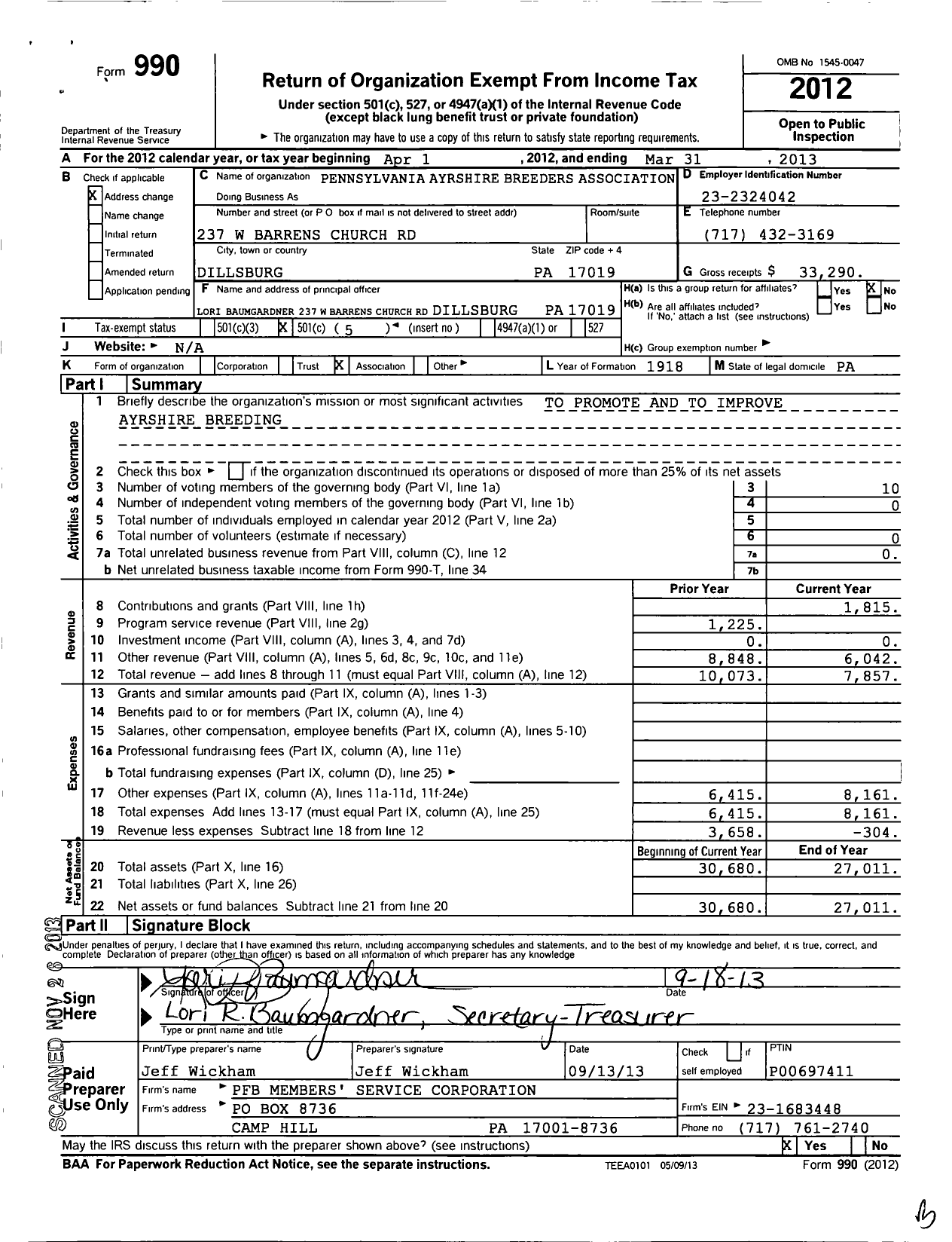 Image of first page of 2012 Form 990O for Pennsylvania Ayrshire Breeders Association