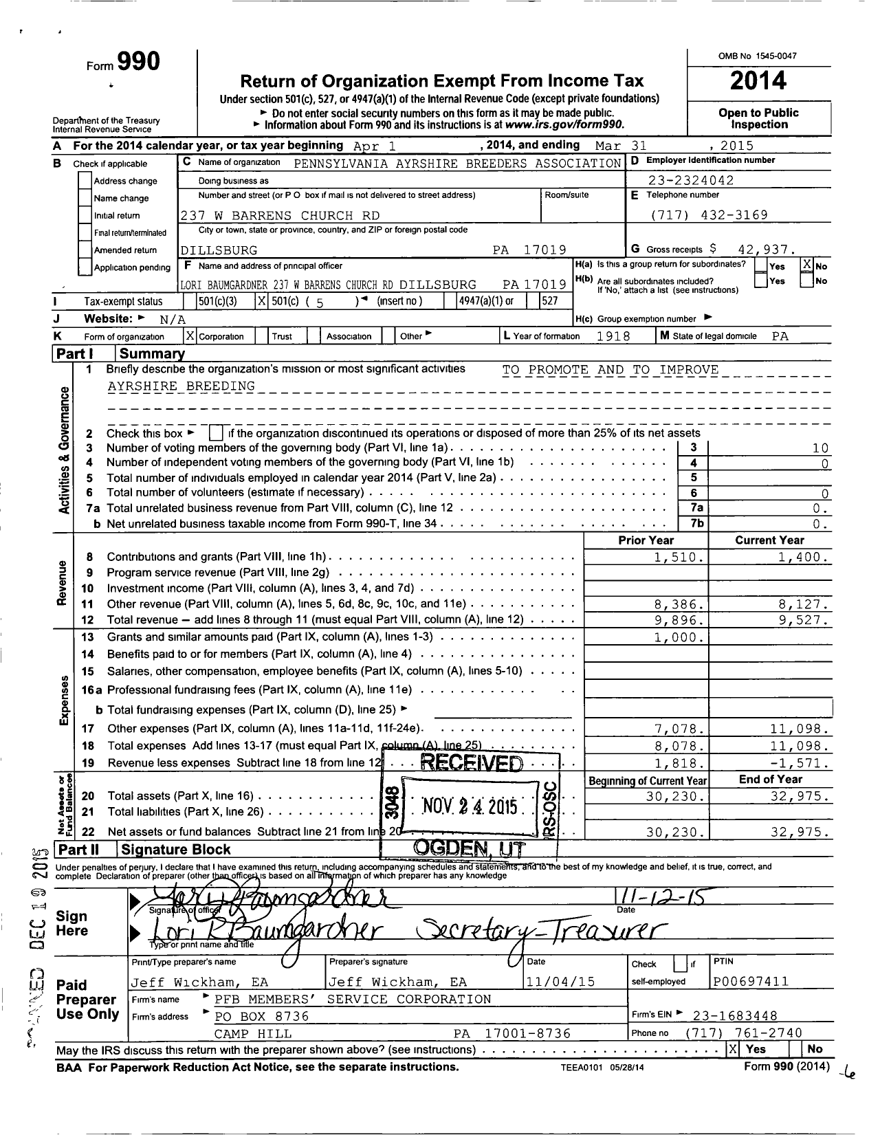 Image of first page of 2014 Form 990O for Pennsylvania Ayrshire Breeders Association