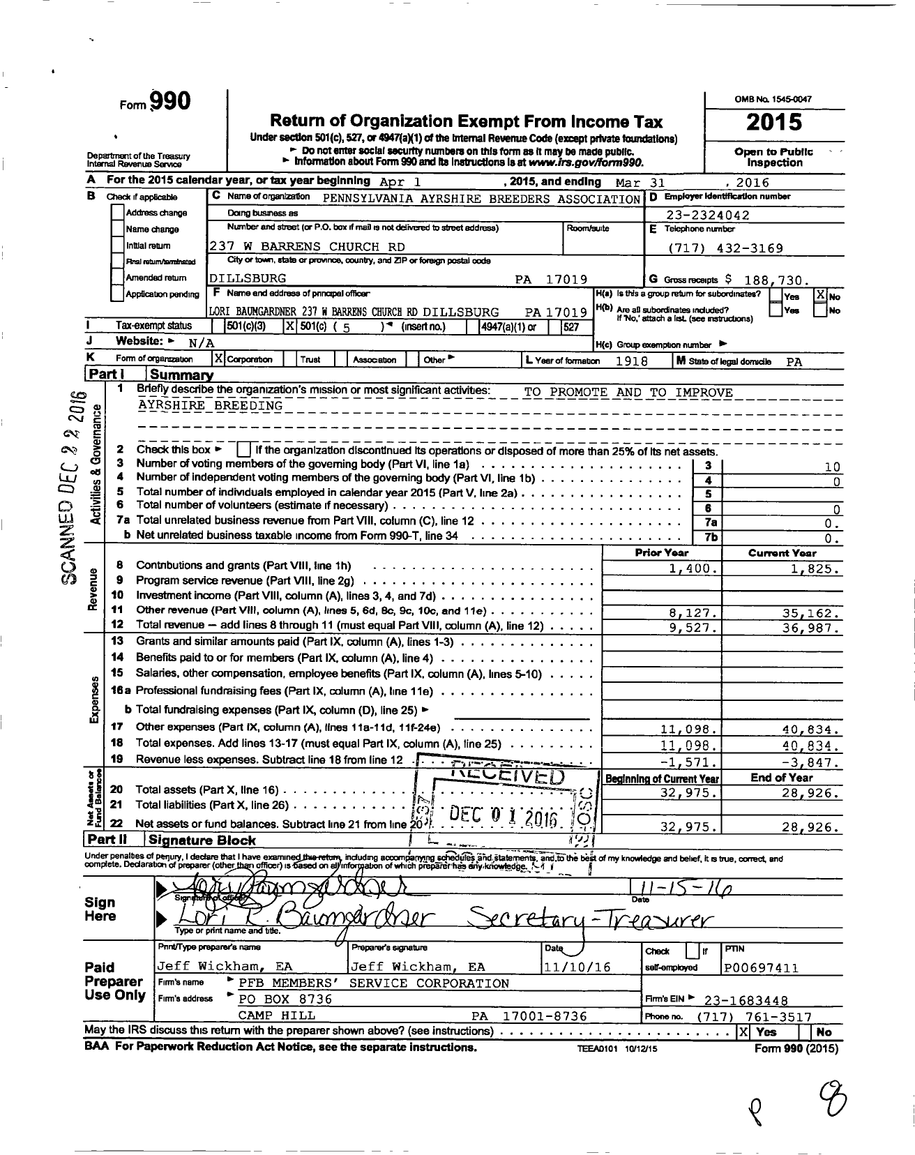 Image of first page of 2015 Form 990O for Pennsylvania Ayrshire Breeders Association