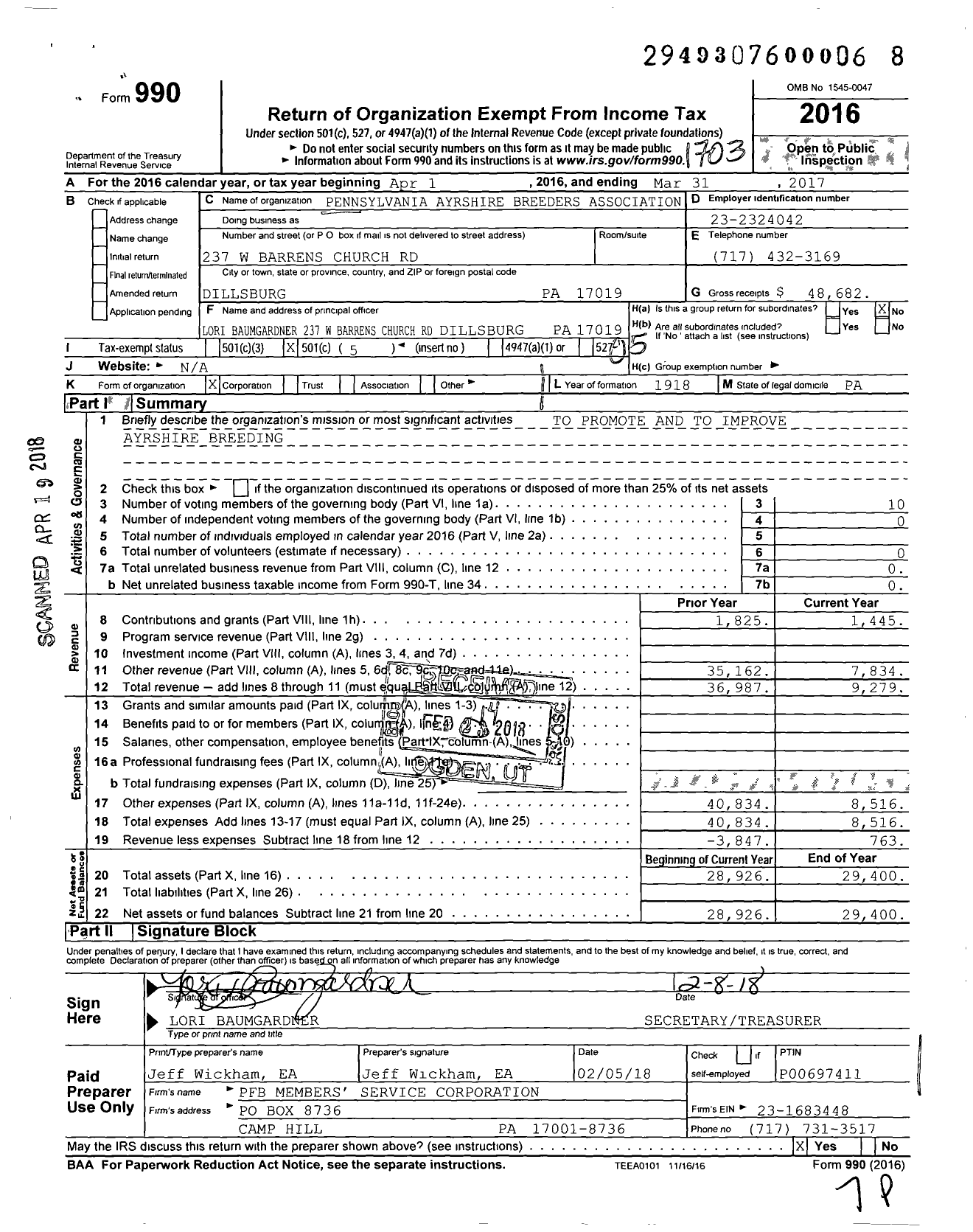 Image of first page of 2016 Form 990O for Pennsylvania Ayrshire Breeders Association