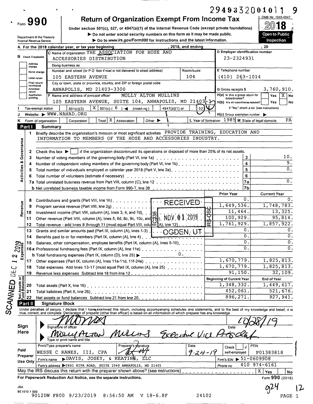 Image of first page of 2018 Form 990O for Association for Hose and Accessories Distribution (NAHAD)