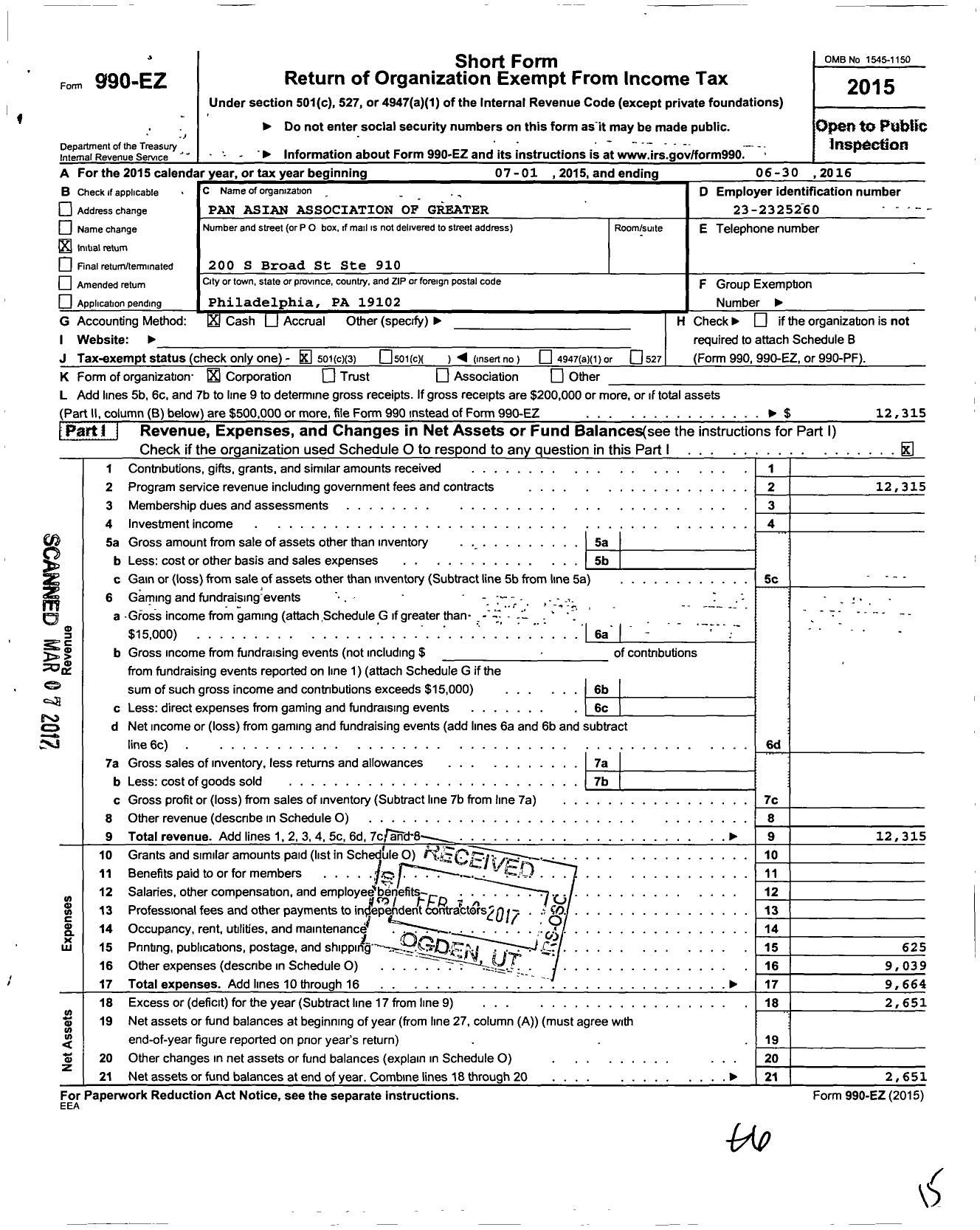 Image of first page of 2015 Form 990EZ for Pan Asian Association of Greater Philadelphia