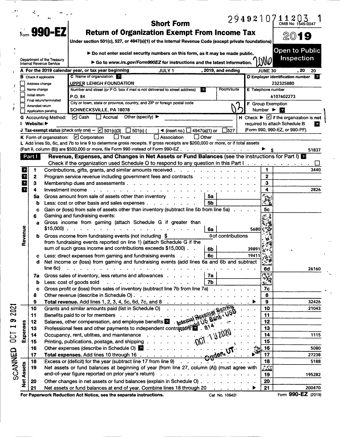 Image of first page of 2019 Form 990EZ for Upper Lehigh Lions Foundation