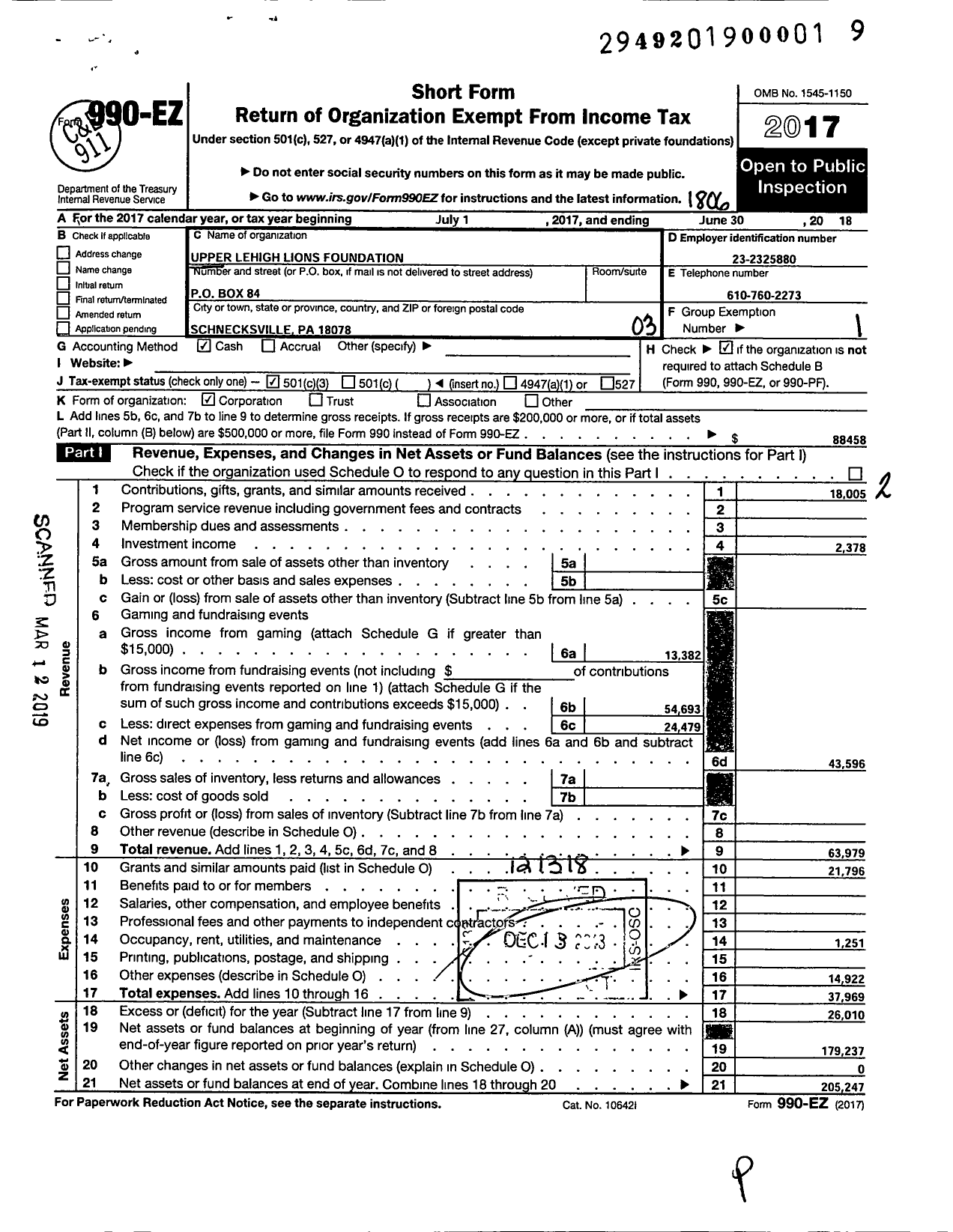 Image of first page of 2017 Form 990EZ for Upper Lehigh Lions Foundation