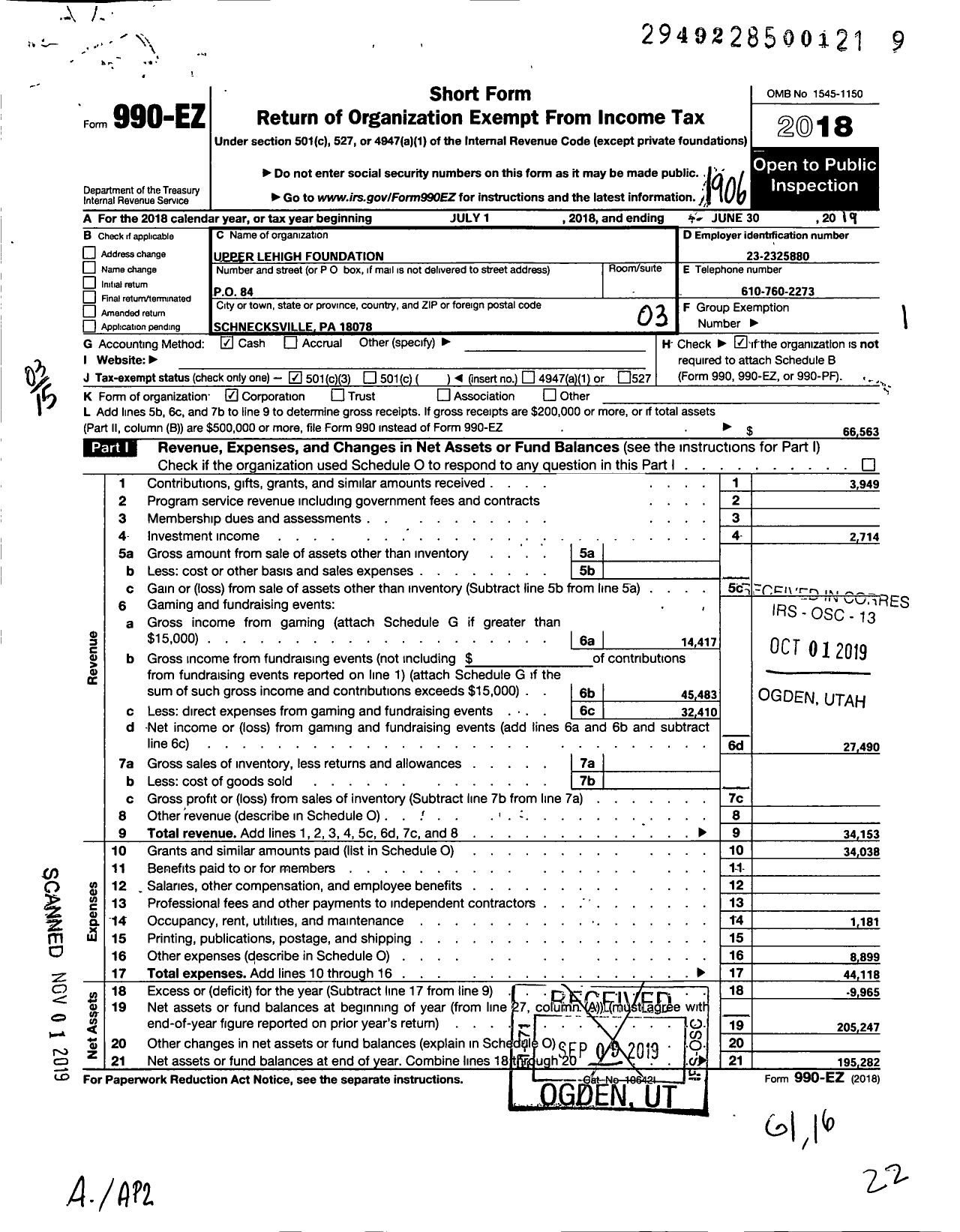 Image of first page of 2018 Form 990EZ for Upper Lehigh Lions Foundation