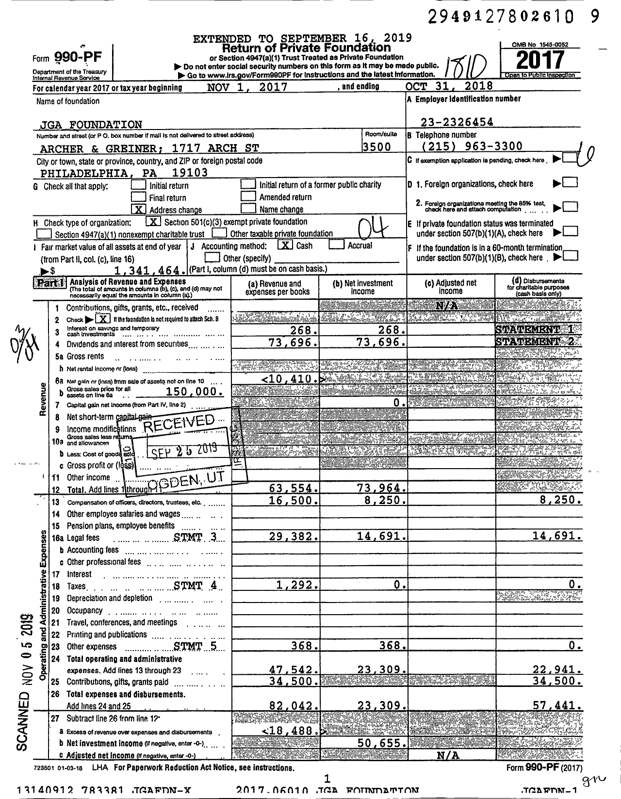 Image of first page of 2017 Form 990PF for Jga Foundation