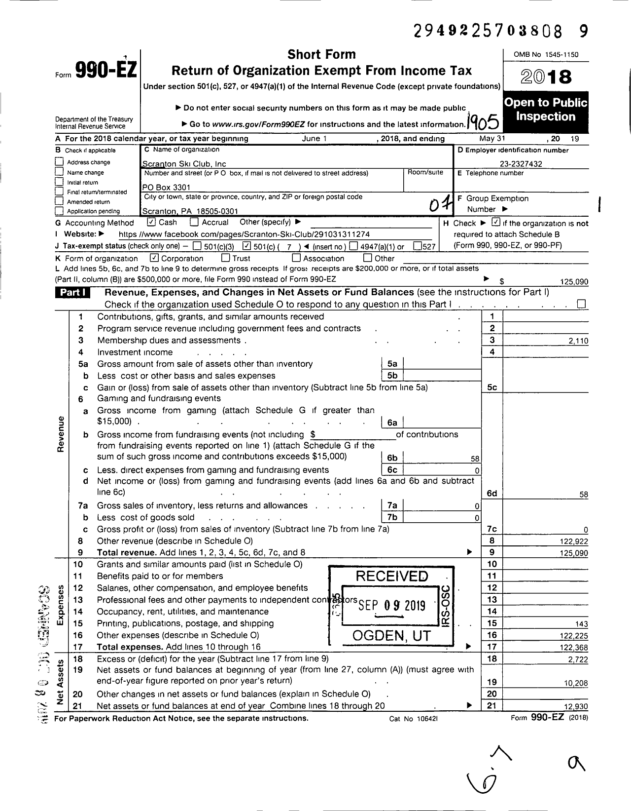 Image of first page of 2018 Form 990EO for Scranton Ski Club