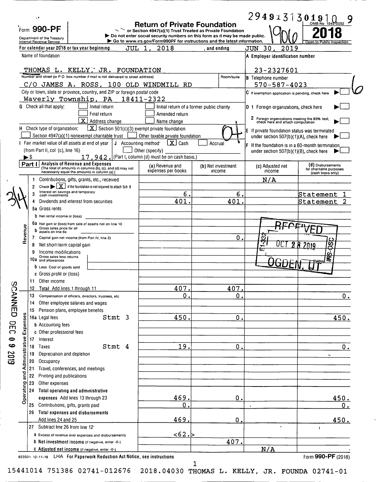 Image of first page of 2018 Form 990PF for Thomas L Kelly JR Foundation